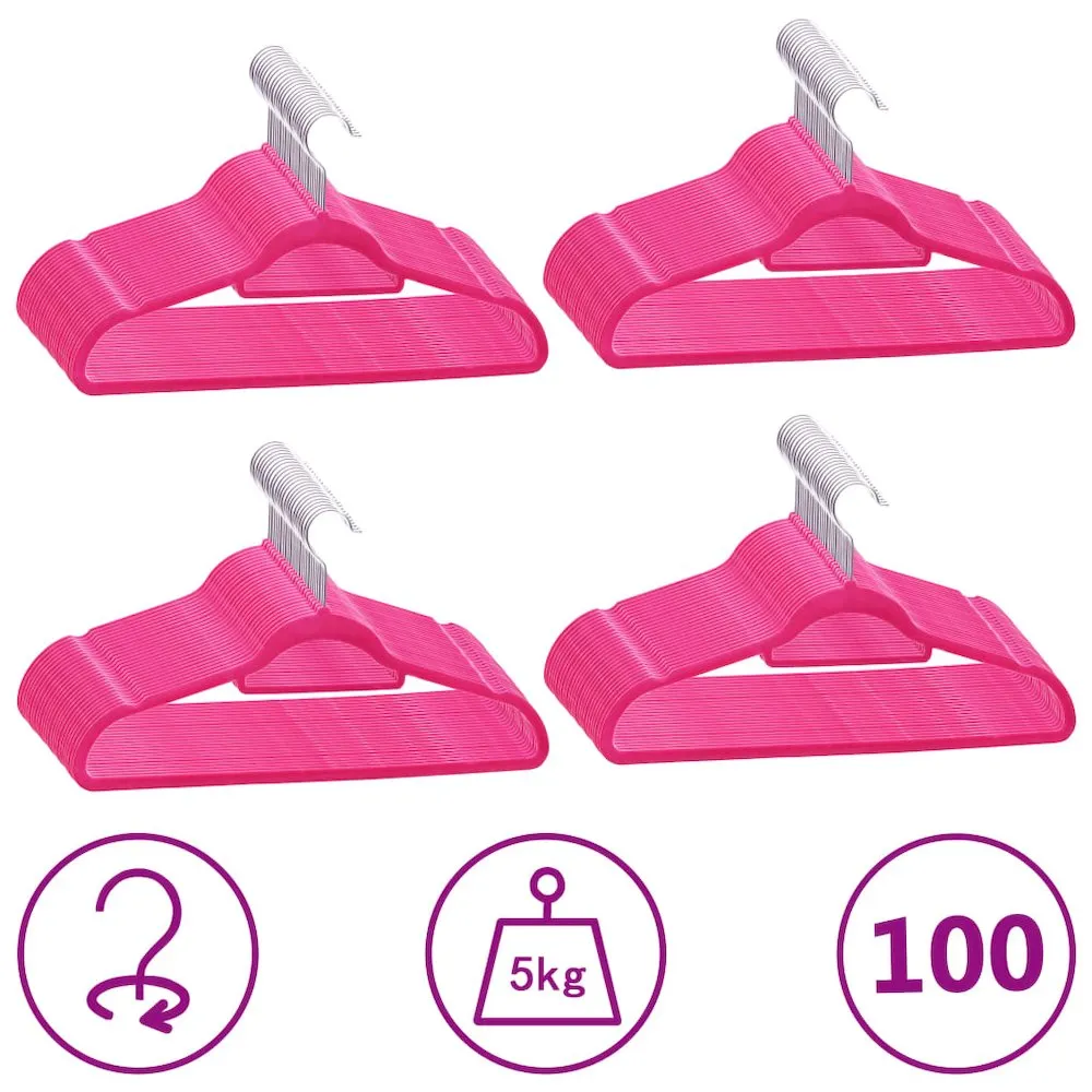 100 pcs Clothes Hanger Set Anti-slip Pink Velvet