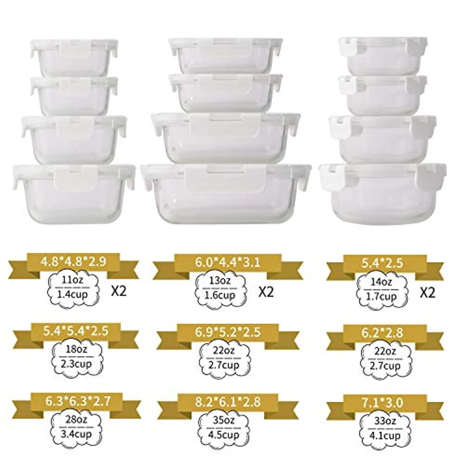 24 Piece Glass Food Storage Containers with Lids, Airtight Glass Lunch Bento Boxes, BPA Free & Leak Proof,12 lids, 12 Containers