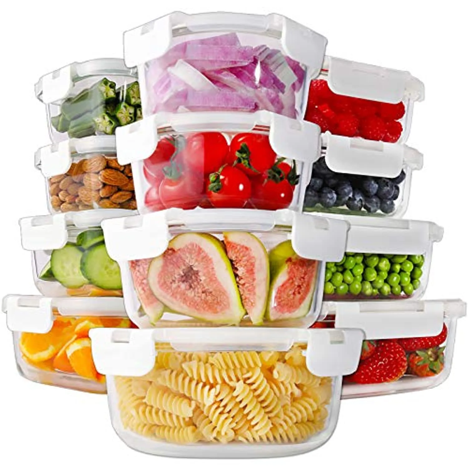 24 Piece Glass Food Storage Containers with Lids, Airtight Glass Lunch Bento Boxes, BPA Free & Leak Proof,12 lids, 12 Containers