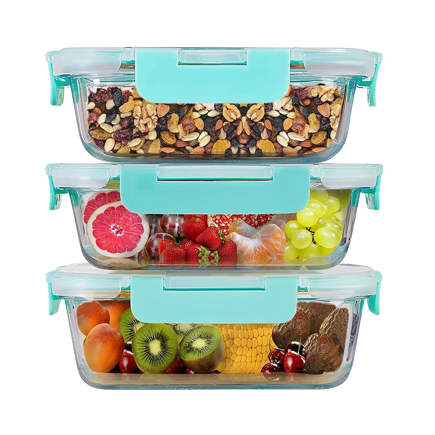 Amazon Brand - Solimo Multipurpose Glass Containers/Lunch Boxes for Office with Break-Free, Detachable Locks, Airtight, Leakproof, Microwave-Safe, Freezer-Safe, Set of 3, Rectangle (600 ml Each)