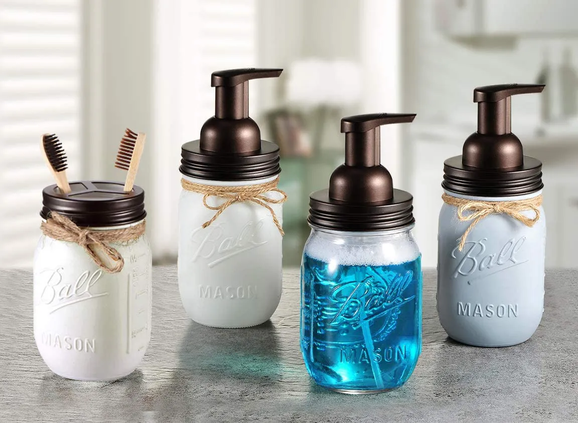 Andrew & Sarah Mason Jar Bathroom Accessories Set(4pcs)- Jars Not Included - Foaming Soap Dispenser,Toothbrush Holder, and Apothecary Storage Jars Lids -Rustic Farmhouse Decor,Brushed Nickel