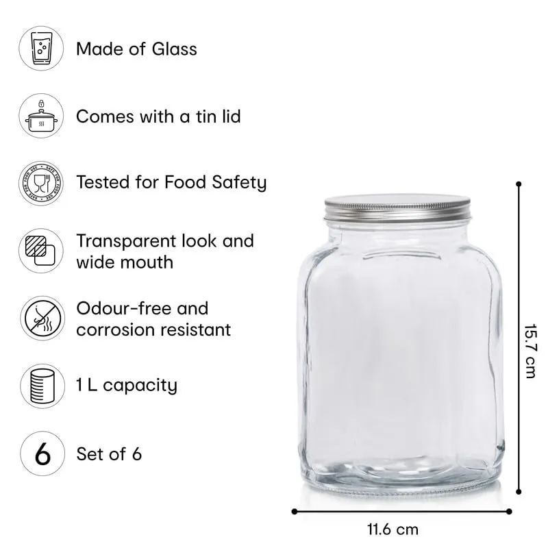 Anko 1L Fluted Jar|Ideal For Dry Fruits, Snacks & Grains|Food Storage| Kitchen Container| Rounded Glass Jar With Wide Mouth Lid|BPA Free| Fluted Design|15.7cm (H) X 11.6cm (Dia.)| Clear|Set Of 6