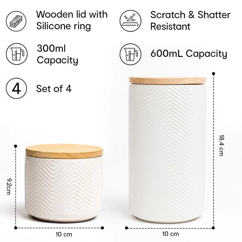 Anko 300 & 600ml Stoneware Ceramic Jars for Kitchen Storage | Airtight Container Set for Kitchen with Rubberwood Lid & Silicone Ring | Kitchen Container for Snacks, Tea, Sugar | White | Set of 4