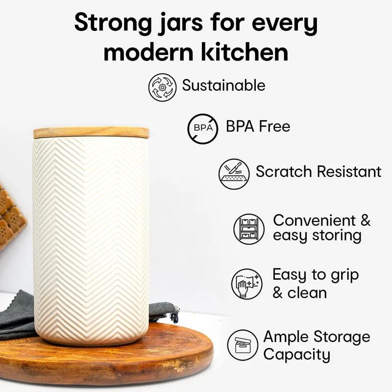 Anko 300 & 600ml Stoneware Ceramic Jars for Kitchen Storage | Airtight Container Set for Kitchen with Rubberwood Lid & Silicone Ring | Kitchen Container for Snacks, Tea, Sugar | White | Set of 4