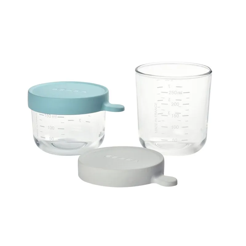 Beaba Set of 2 Glass Containers, 150ml Airy Green & 250ml Light Mist