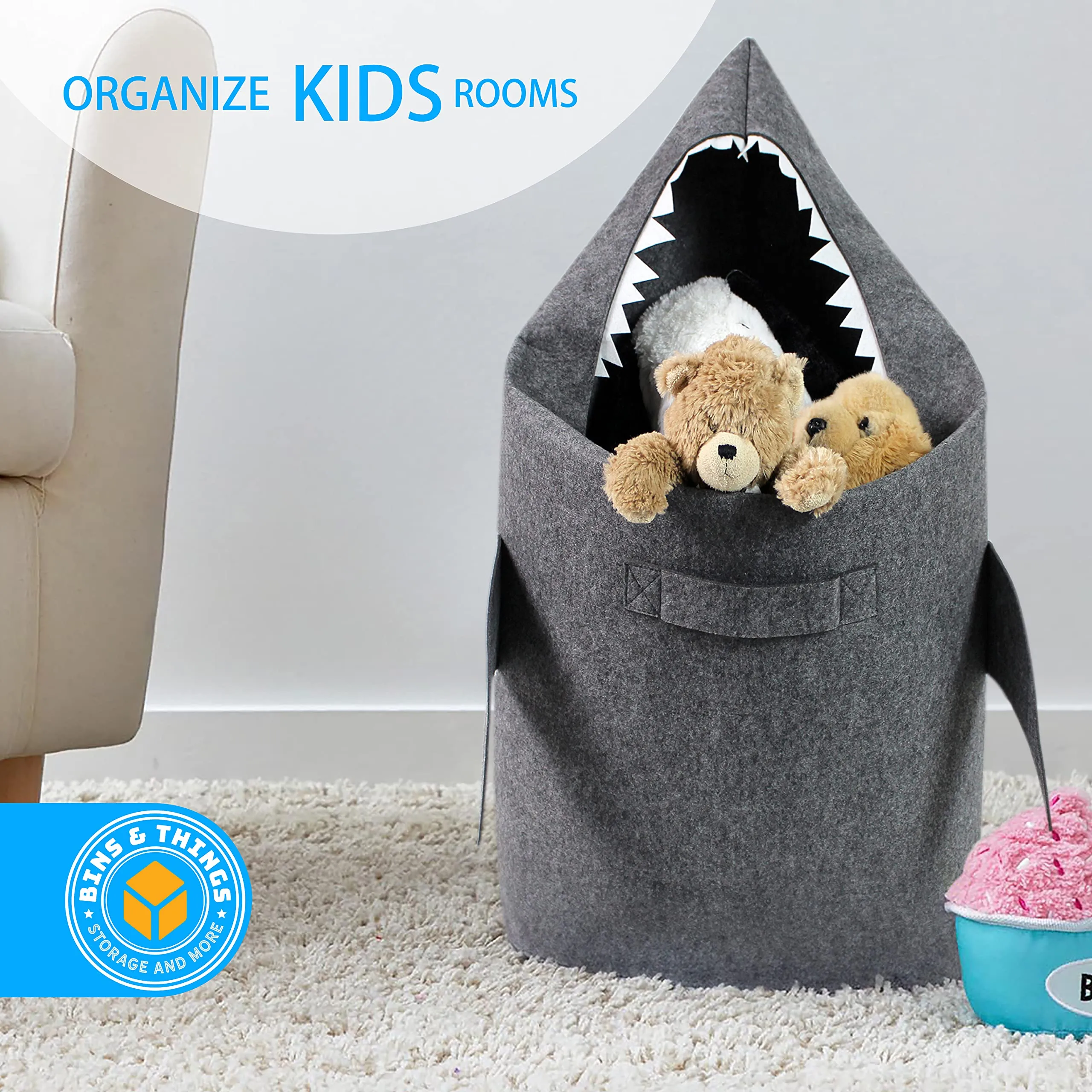 Bins & Things Shark Kids Laundry Hamper | Toy Organizer Basket | Baby Clothes Nursery