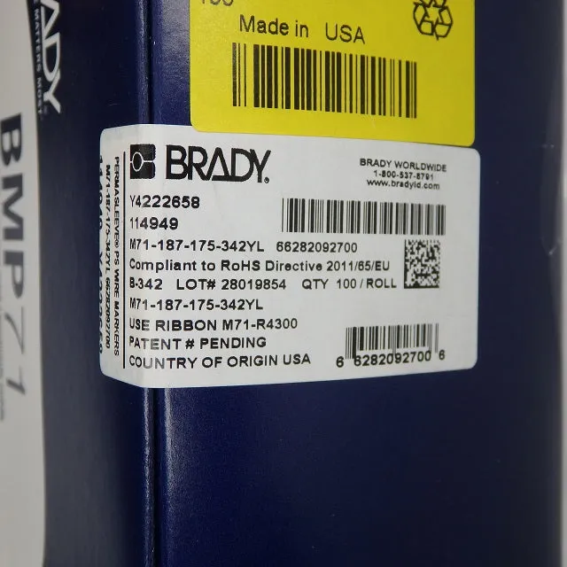 Brady BMP71 PermaSleeve Yellow Heatshrink Labels - 100 / Roll M71-187-175-342YL