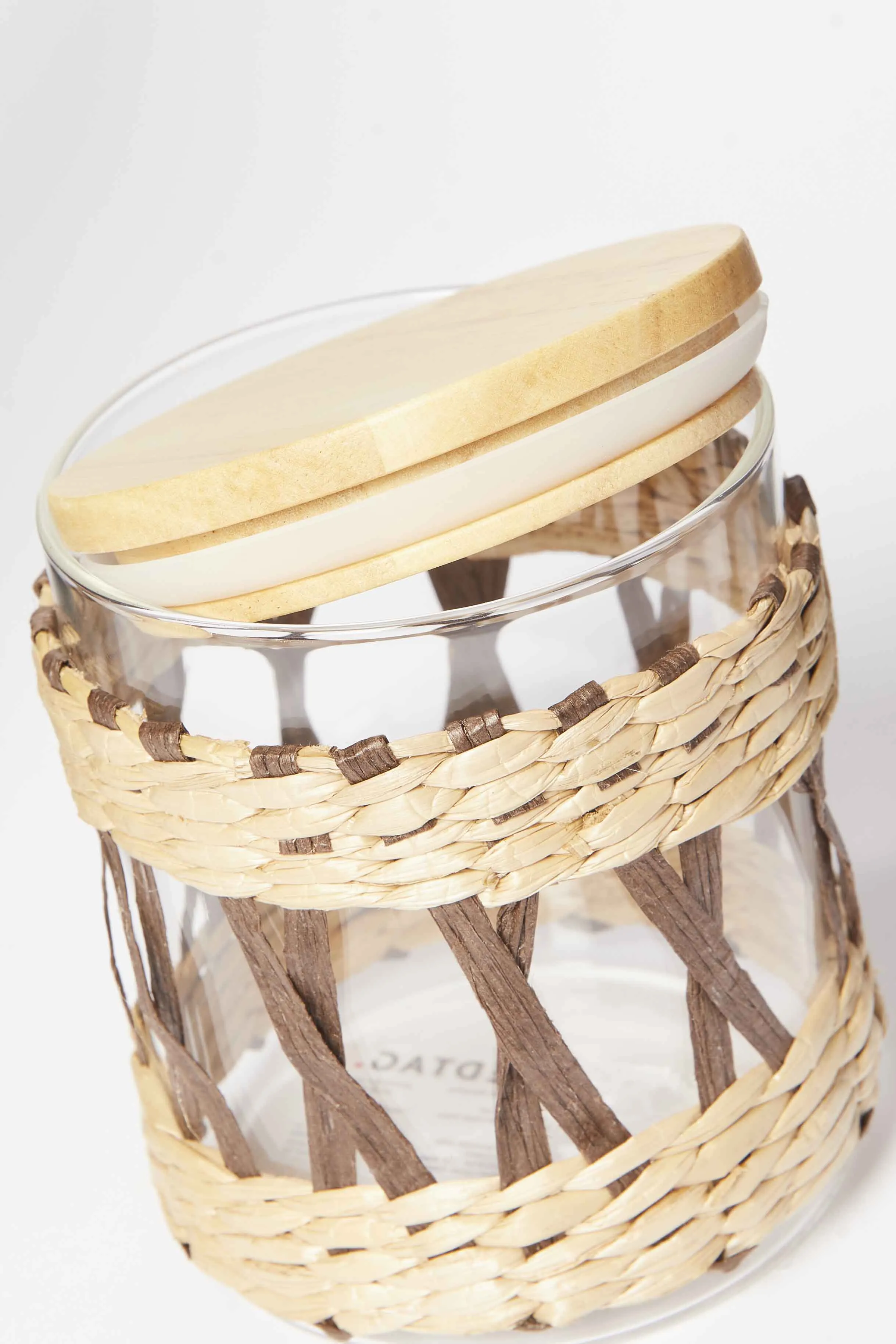 Brown Glass Jar With Weaving And Wooden Lid (Small)