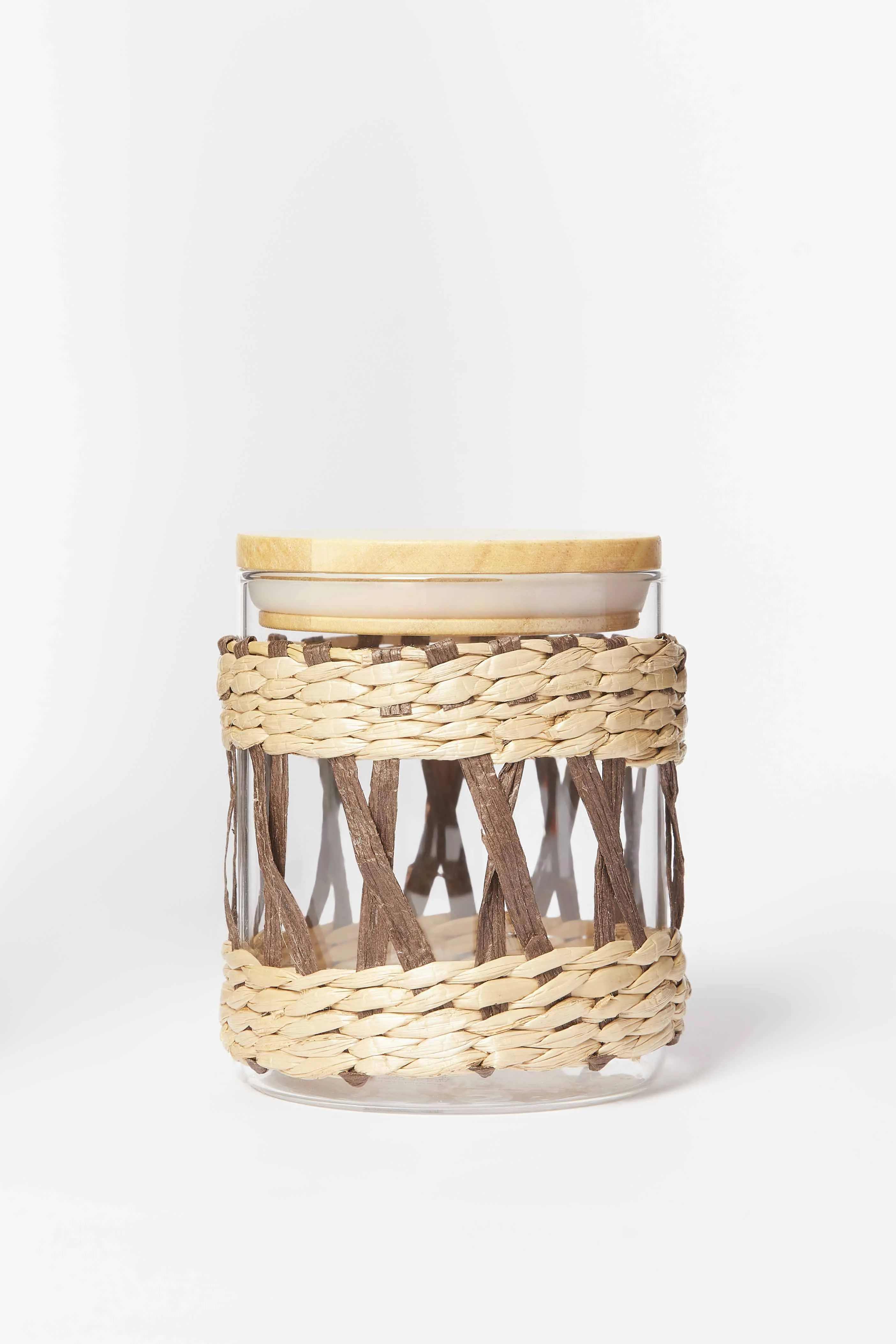 Brown Glass Jar With Weaving And Wooden Lid (Small)