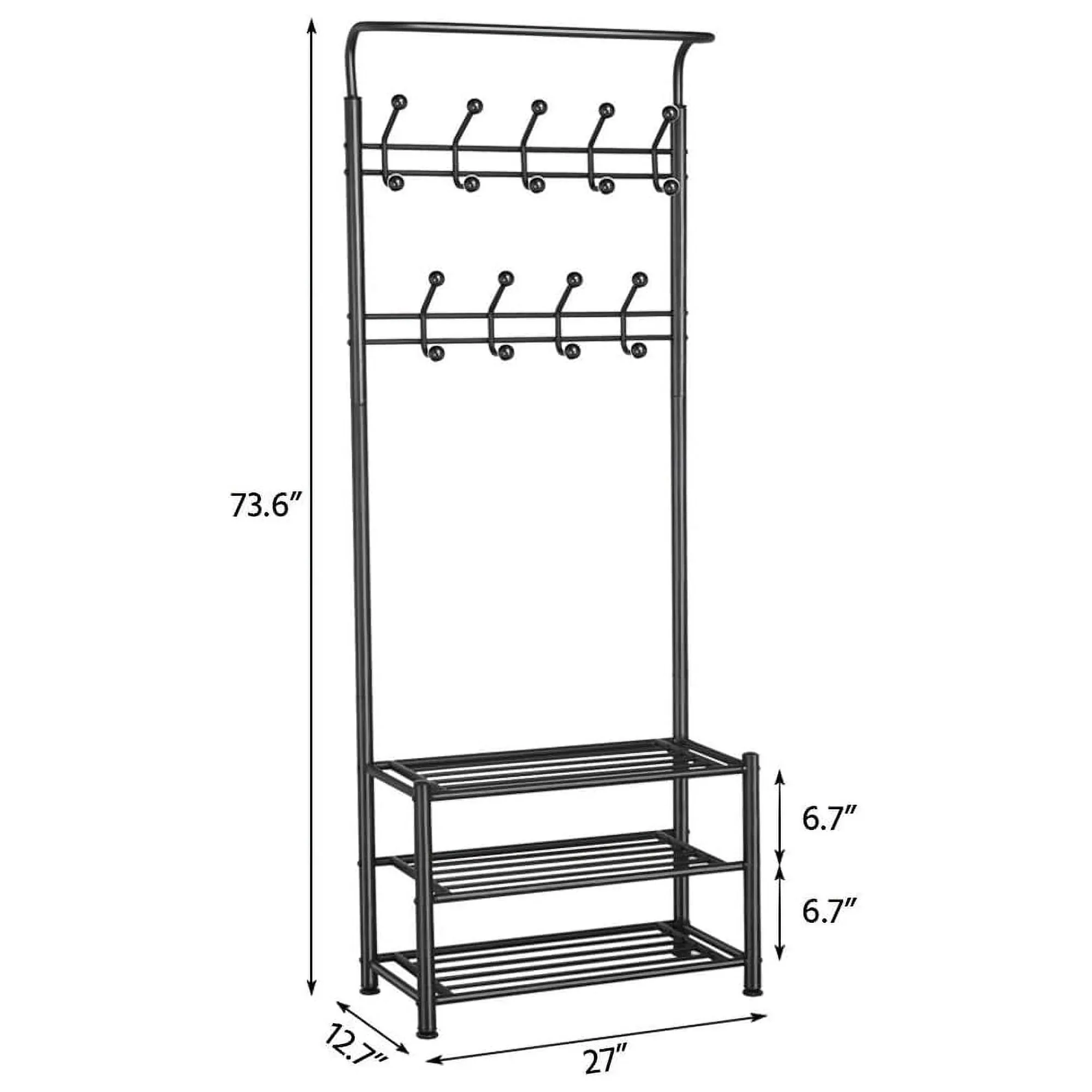 classic Also go 3-in-1 Coat Rack Shoe Bench Entryway Hall Tree with 9 Hooks and 3-Tier Shoe Storage Bench, Metal Coat Hat Stand Rod for Hanging Jacket, Easy Assembly, Black