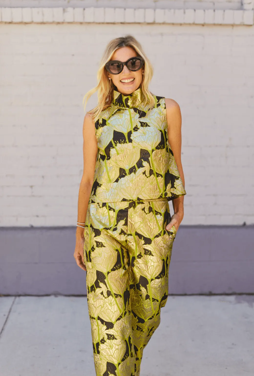 Cropped Sleeveless Mod Top - Chartreuse and Black Brocade