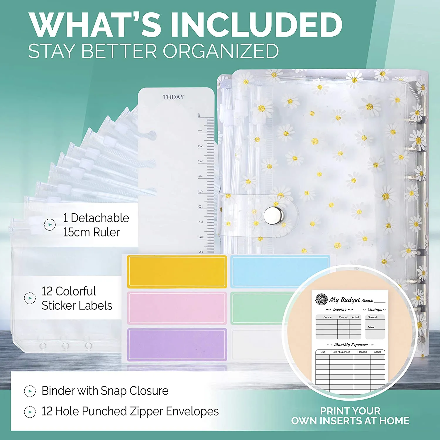 Daisy A6 Budget Binder 12 Clear Cash Envelopes for Budgeting