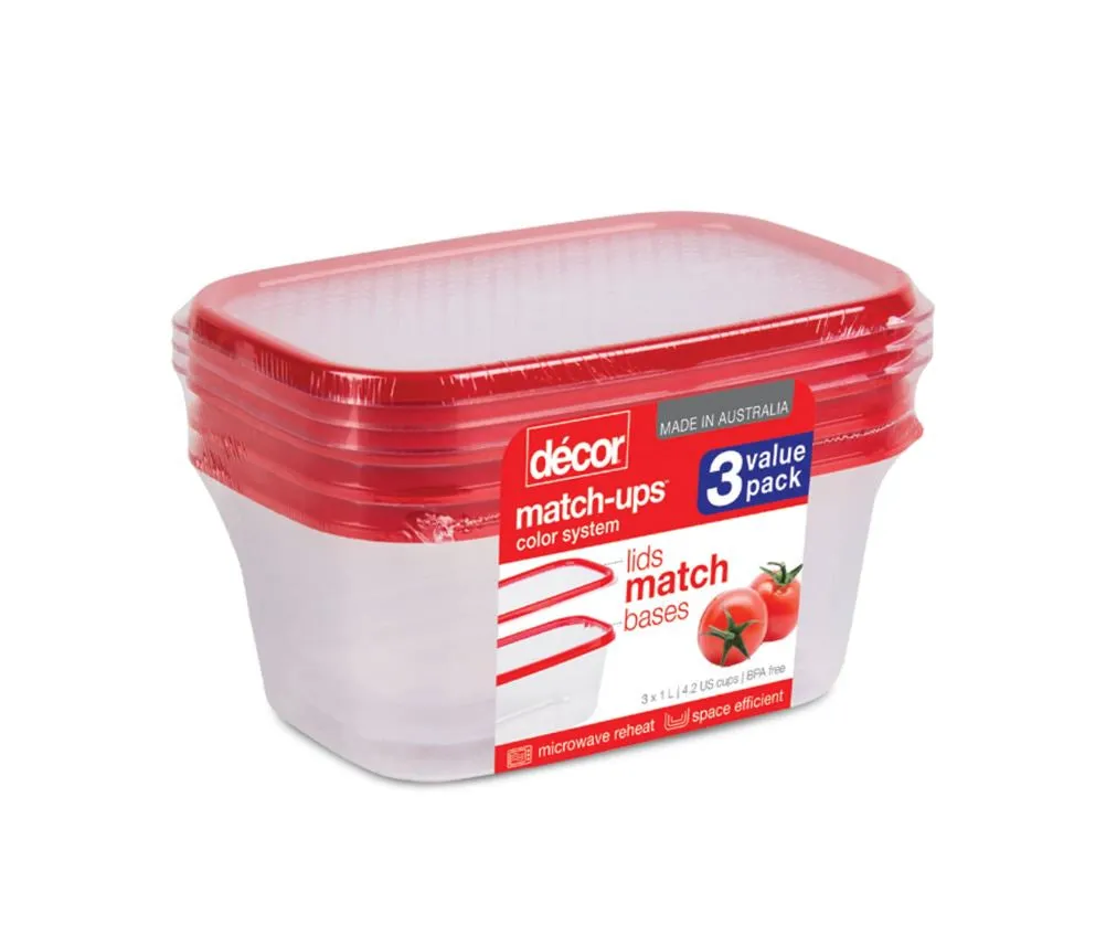 Décor® Match-ups™ Basics Food Container – Oblong, Red, 1L, 3-Pack