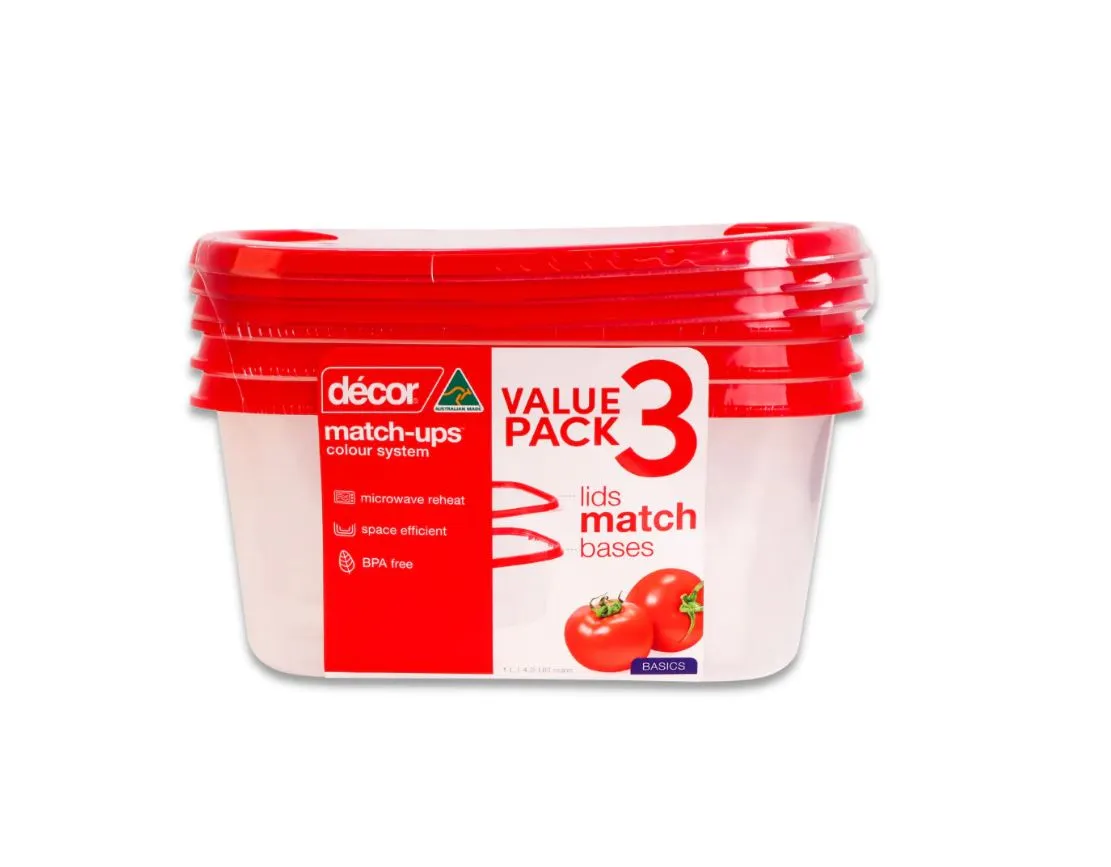 Décor® Match-ups™ Basics Food Container – Oblong, Red, 1L, 3-Pack