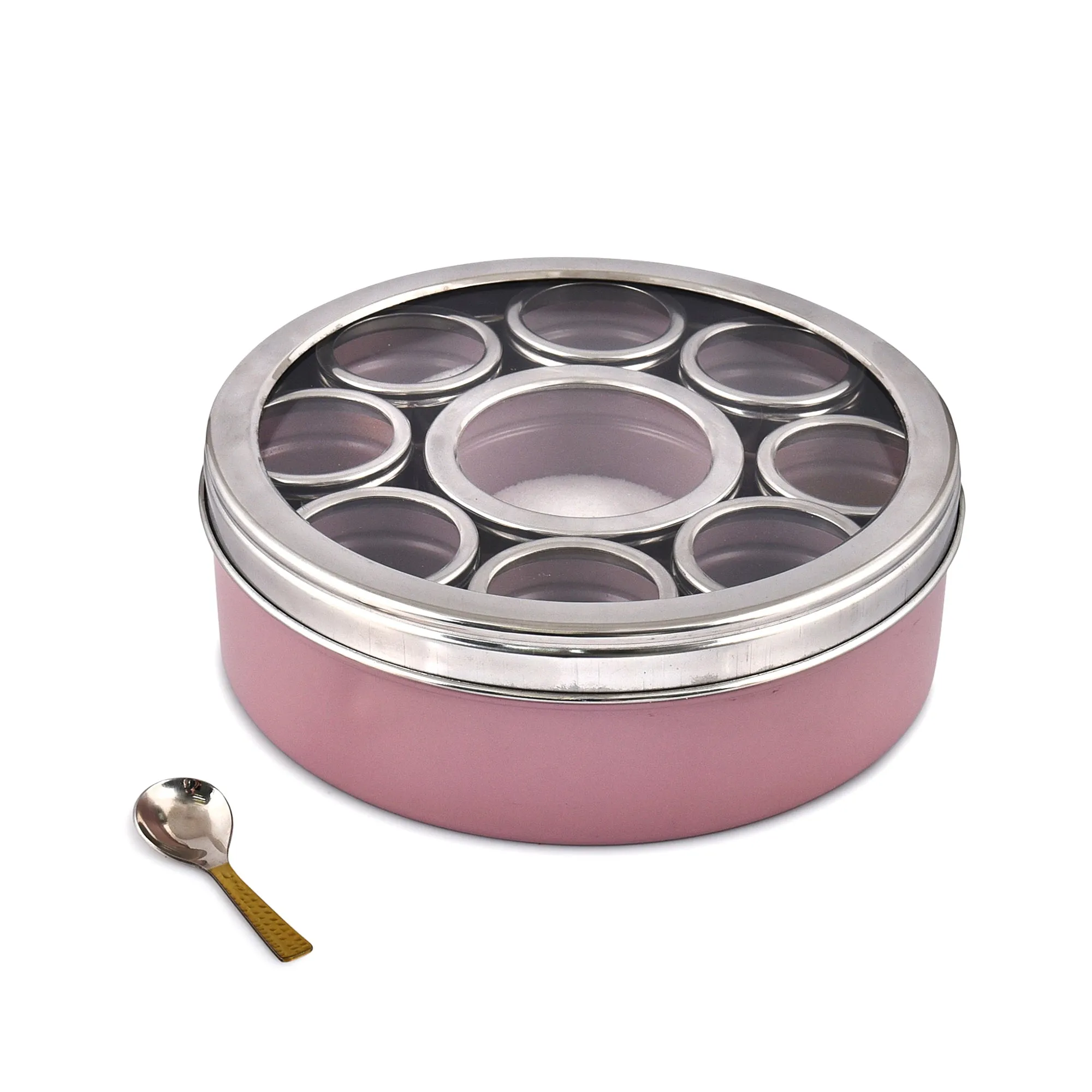 Elan Air-Tight Stainless Steel Spice Box (9 Compartment With Lids, Mauve)