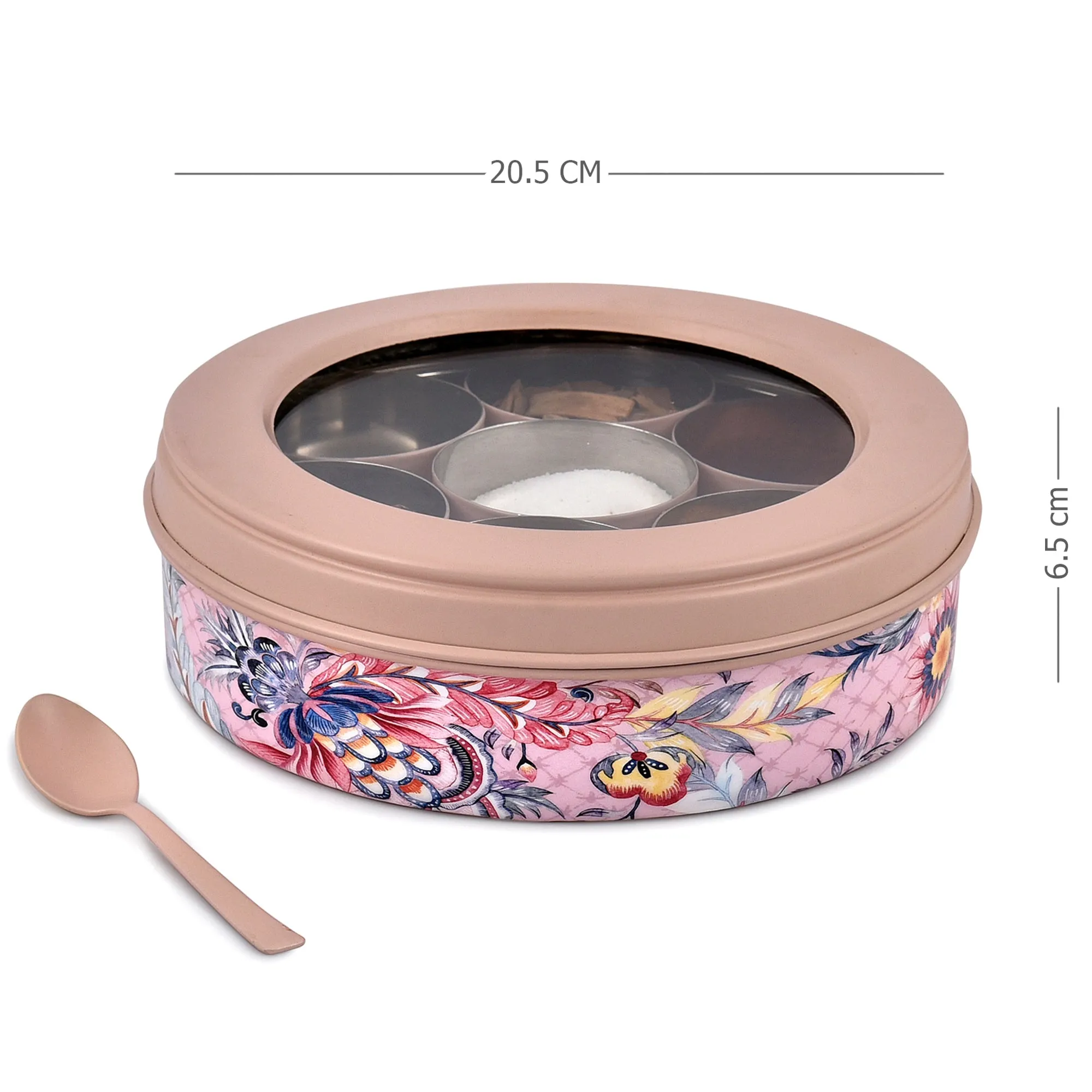 Elan Gingham & Blooms 7 Compartment Multipurpose Air-Tight Stainless Steel Round Colorful Spice Box with Spoon (Nude, 1500 ml)