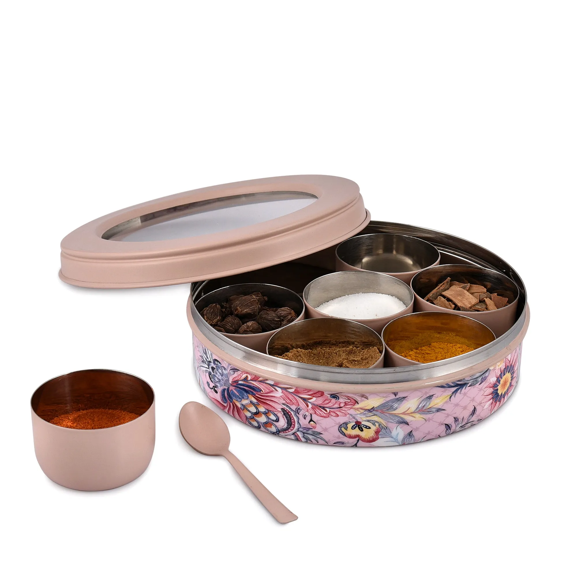 Elan Gingham & Blooms 7 Compartment Multipurpose Air-Tight Stainless Steel Round Colorful Spice Box with Spoon (Nude, 1500 ml)