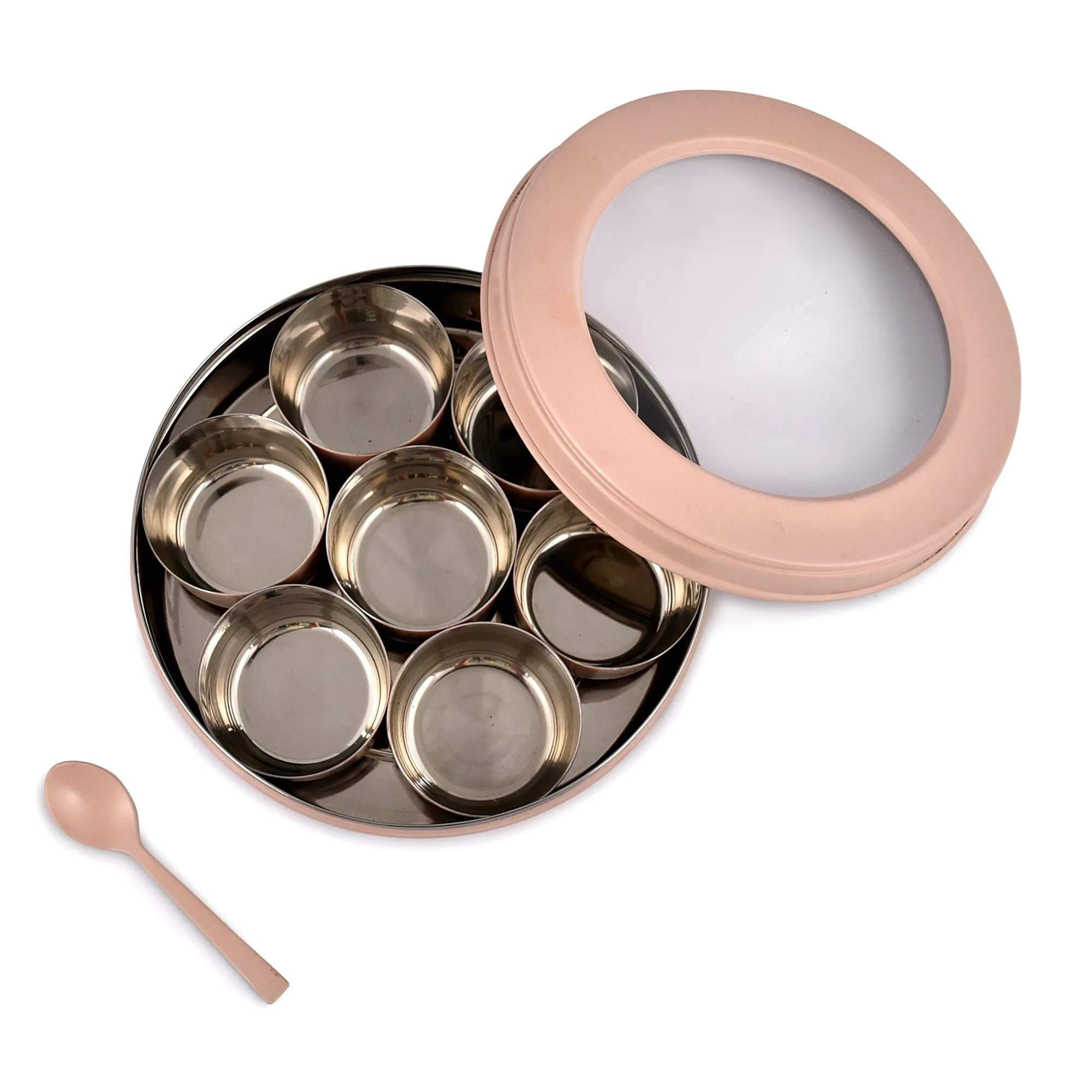 Elan Gingham & Blooms 7 Compartment Multipurpose Air-Tight Stainless Steel Round Colorful Spice Box with Spoon (Nude, 1500 ml)