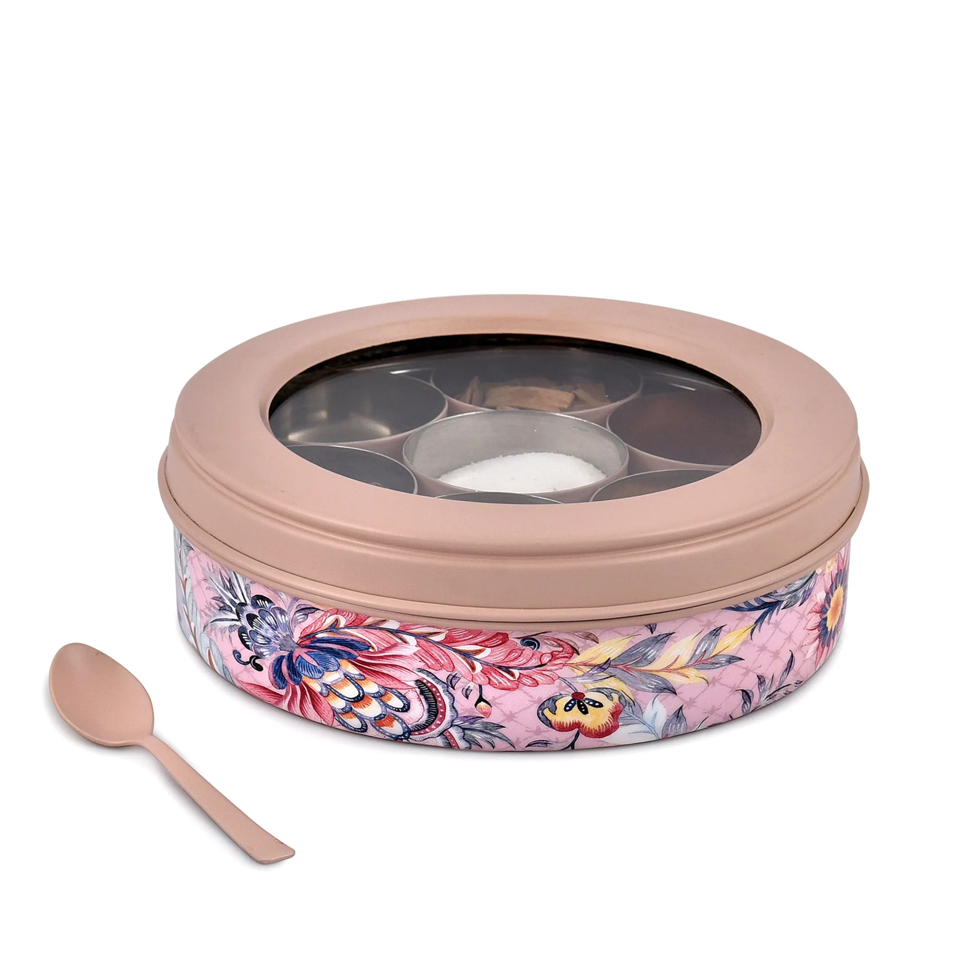 Elan Gingham & Blooms 7 Compartment Multipurpose Air-Tight Stainless Steel Round Colorful Spice Box with Spoon (Nude, 1500 ml)