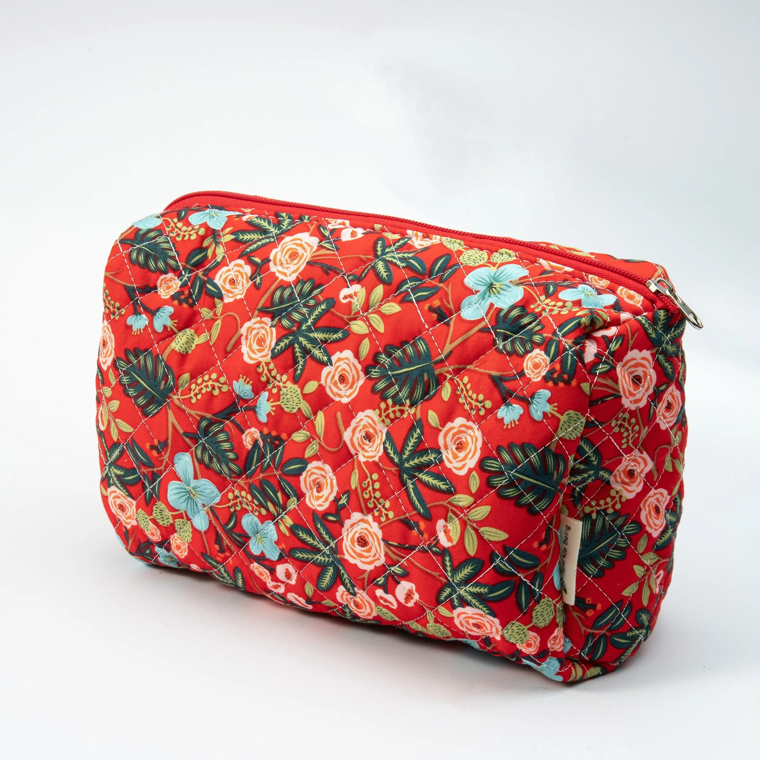 Floral Quilted Makeup Pouch - Travel-Friendly Cosmetic Bag