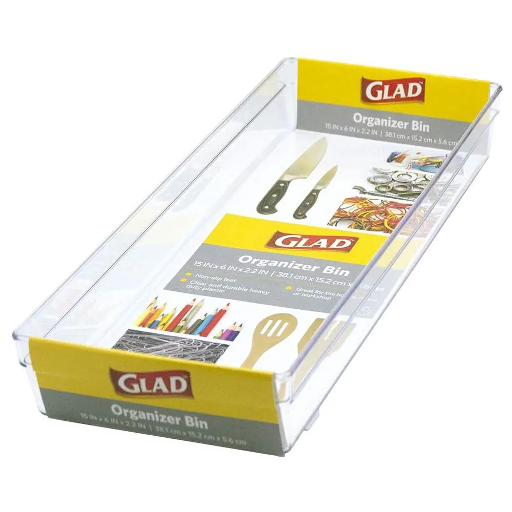 Glad Plastic Drawer Storage Tray – Heavy Duty Organizer Bin for Home, Kitchen, Bath, Bedroom, Office | Non-Slip Feet, 15x6, Clear