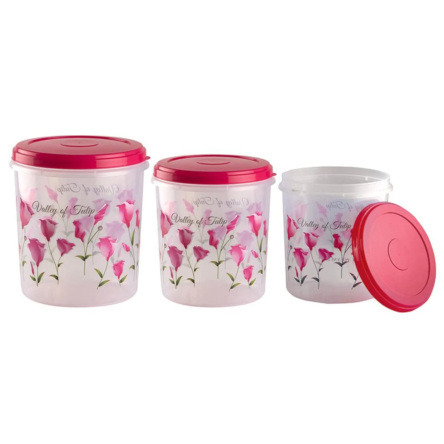 Heart Home Plastic Container|Container for Kitchen Storage Set|Air Tight Container|Tulip Printed 5 Litre,7 Litre,10 Litre Containers|Set of 3 (Pink)