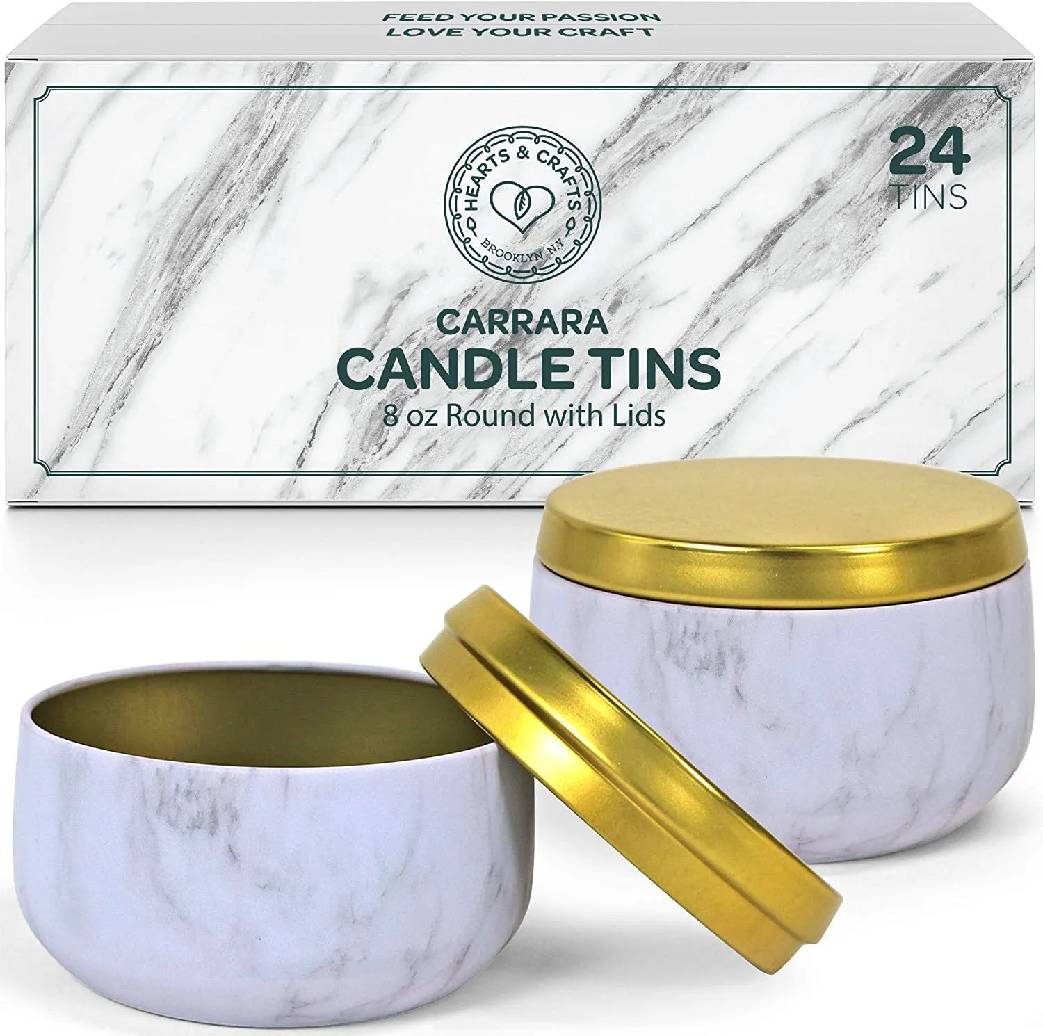 Hearts & Crafts Marble Candle Tins 8 oz with Lids | 24-Pack of Bulk Candle Jars for Making Candles, Crafts, Storage, Gifts, and More