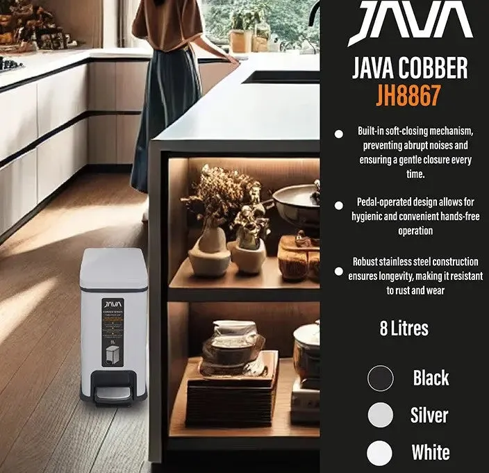 JAVA Slim Dustbin | COBBER | JH8867 | 8L | Steel Pedal Bin | Trash Bin | Dustbin for Kitchen