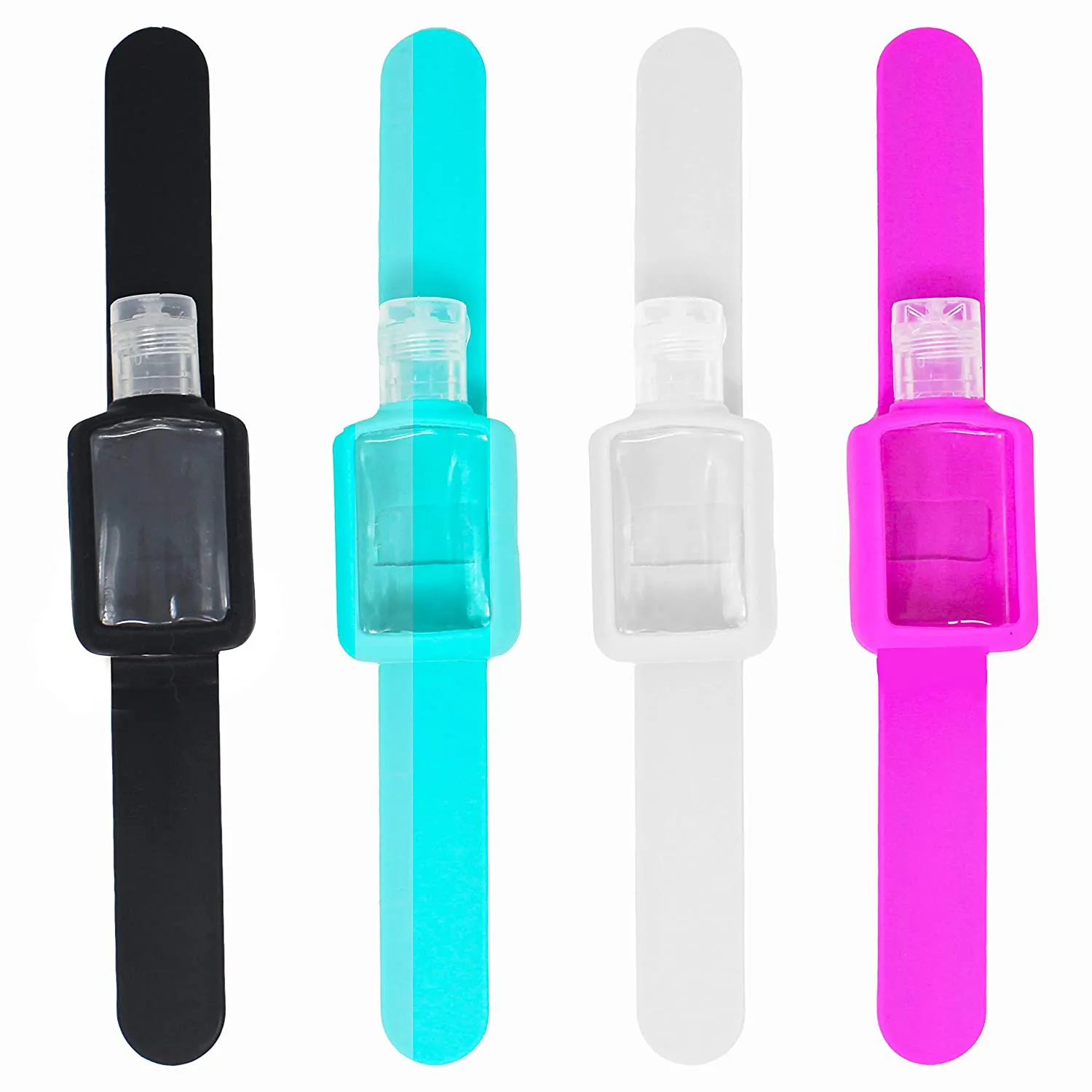 KINIA 4 Pack Hand Sanitizer Refillable Container, 20Ml Empty Bottle Silicone Wristband Dispenser Slap Bracelets, Leak Proof Refillable Travel Empty Containers (4-Pack Bottle Wristband Multicolor)