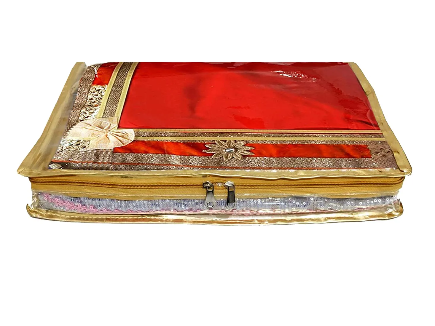 Kuber Industries Bow Design 3" inch Tranasparent PVCSaree Cover With Golden Border- Pack of 2 (Gold)-HS_38_KUBMART21552