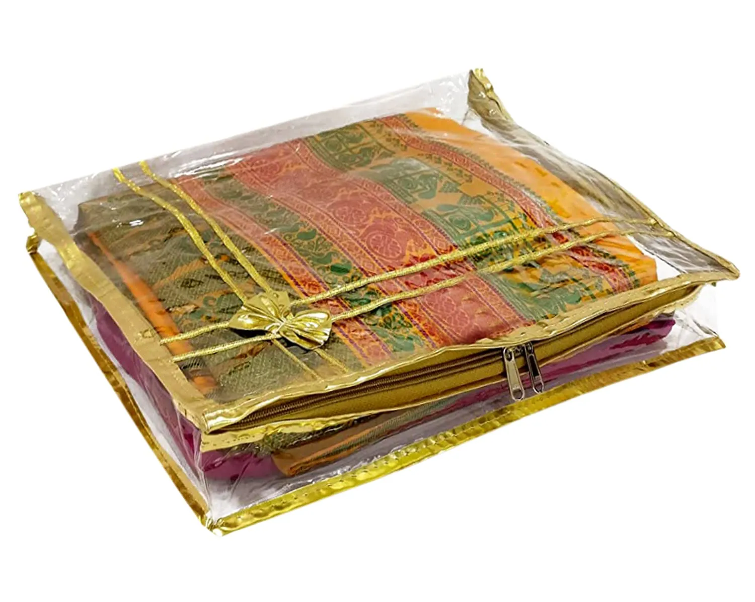 Kuber Industries Bow Design 3" inch Tranasparent PVCSaree Cover With Golden Border- Pack of 2 (Gold)-HS_38_KUBMART21552