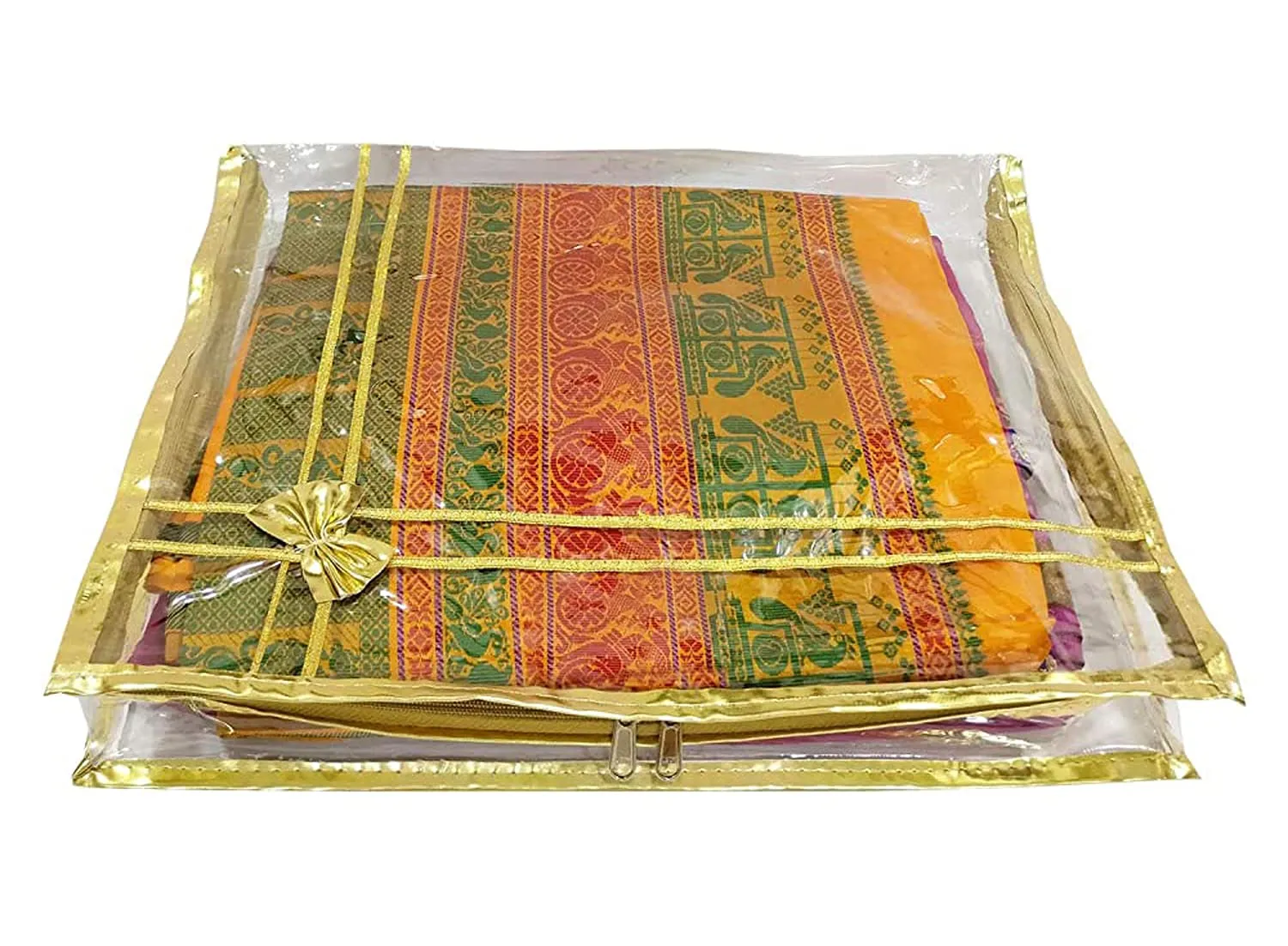 Kuber Industries Bow Design 3" inch Tranasparent PVCSaree Cover With Golden Border- Pack of 2 (Gold)-HS_38_KUBMART21552