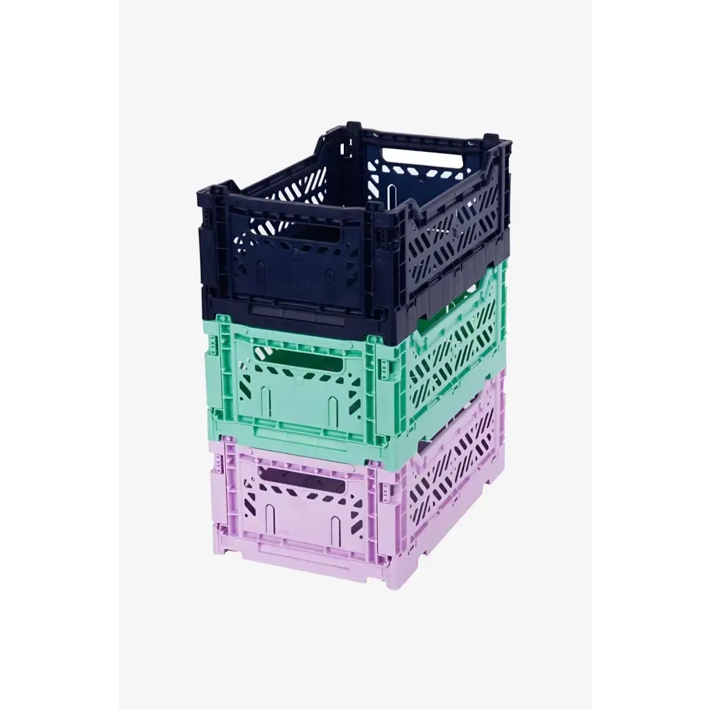 Luna Crates 3-Pack Foldable Storage Bins, Plastic Crate for Storage, Collapsible Crate, Utility Stackable Box Small Navy , Orchid and Mint