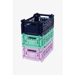 Luna Crates 3-Pack Foldable Storage Bins, Plastic Crate for Storage, Collapsible Crate, Utility Stackable Box Small Navy , Orchid and Mint