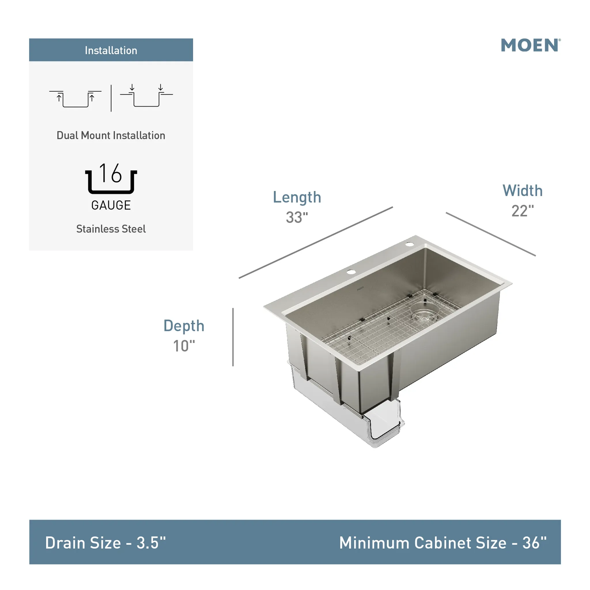 Luxe Chef™ 33” Workstation System Stainless Steel Dual Mount Single Bowl Sink