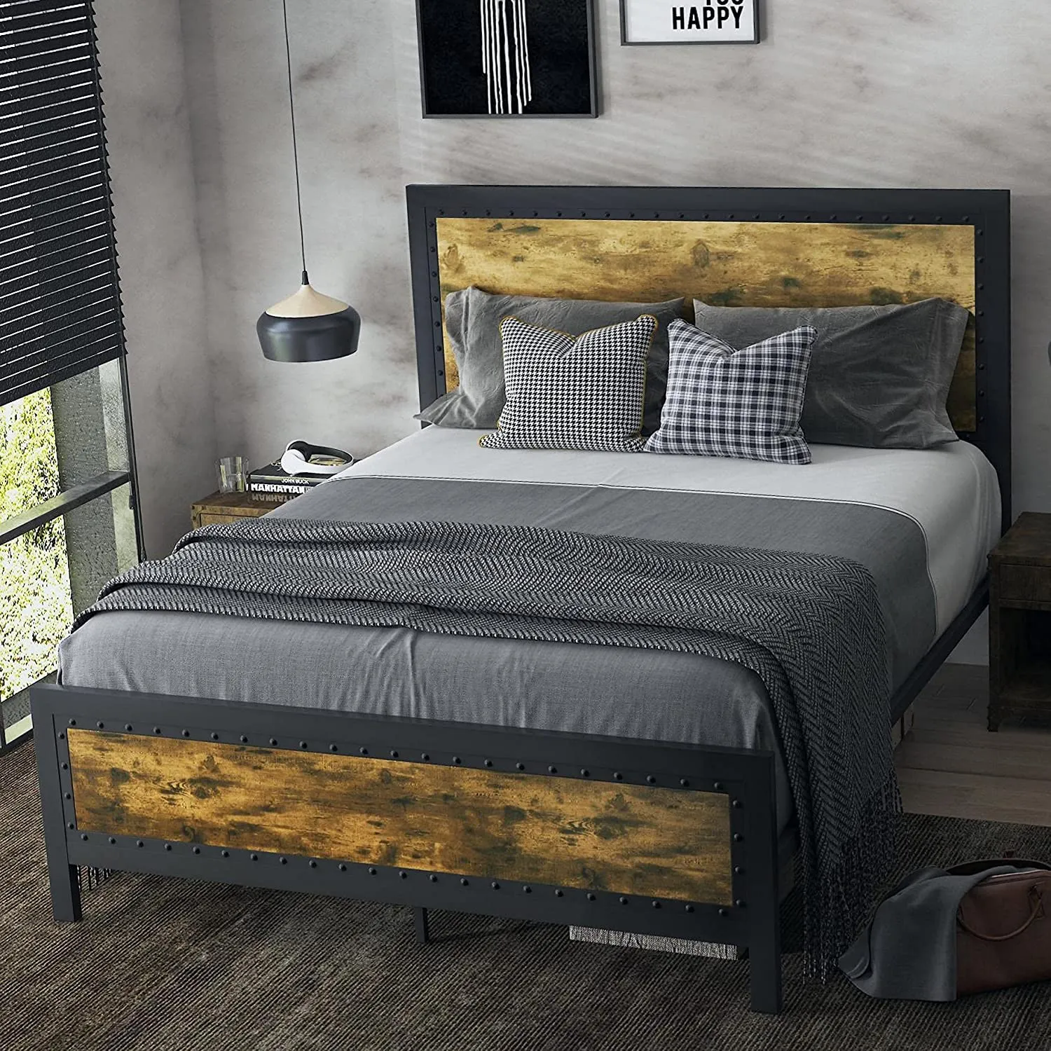 Metal Bed Frame with Rivet Wooden Headboard & Footboard