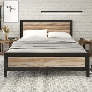 Metal Bed Frame with Rivet Wooden Headboard & Footboard