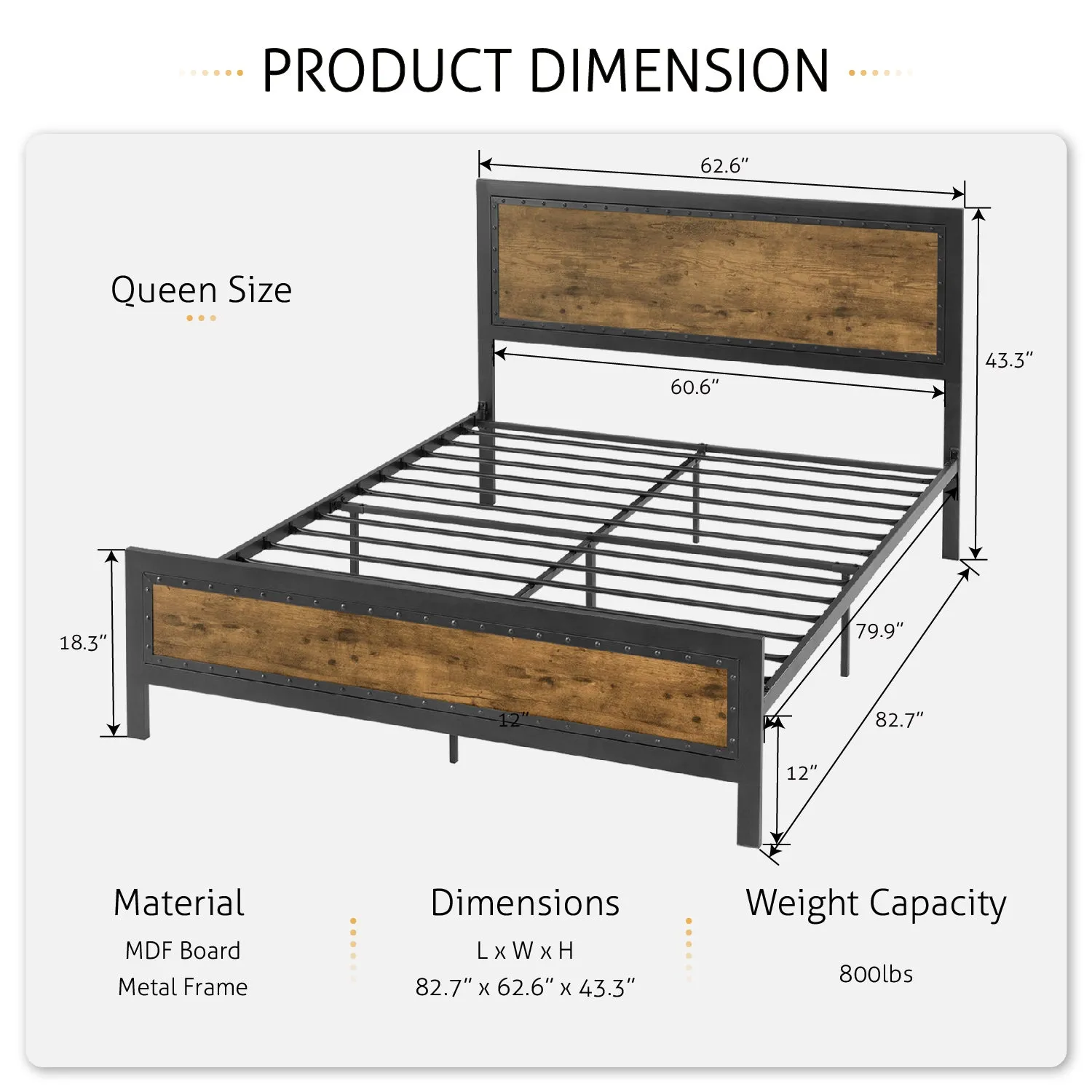 Metal Bed Frame with Rivet Wooden Headboard & Footboard