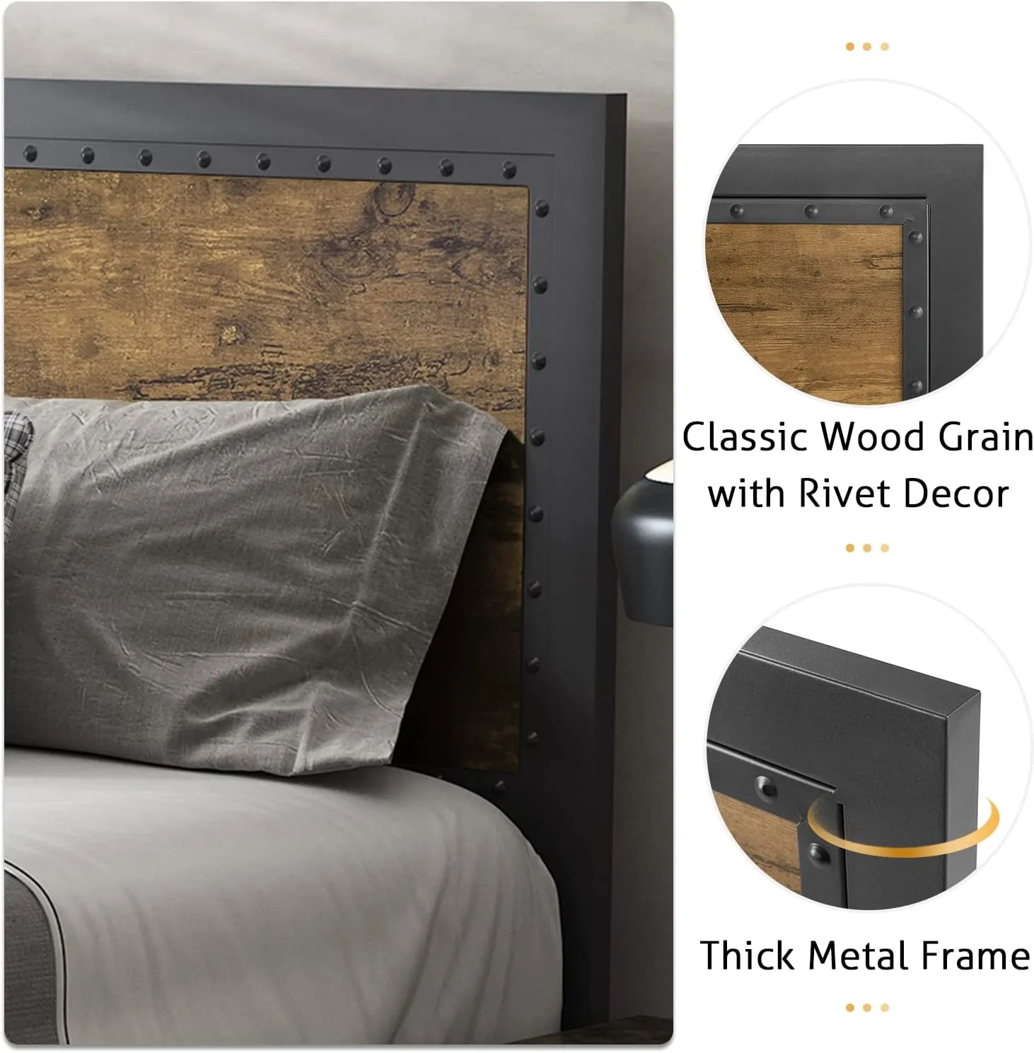 Metal Bed Frame with Rivet Wooden Headboard & Footboard