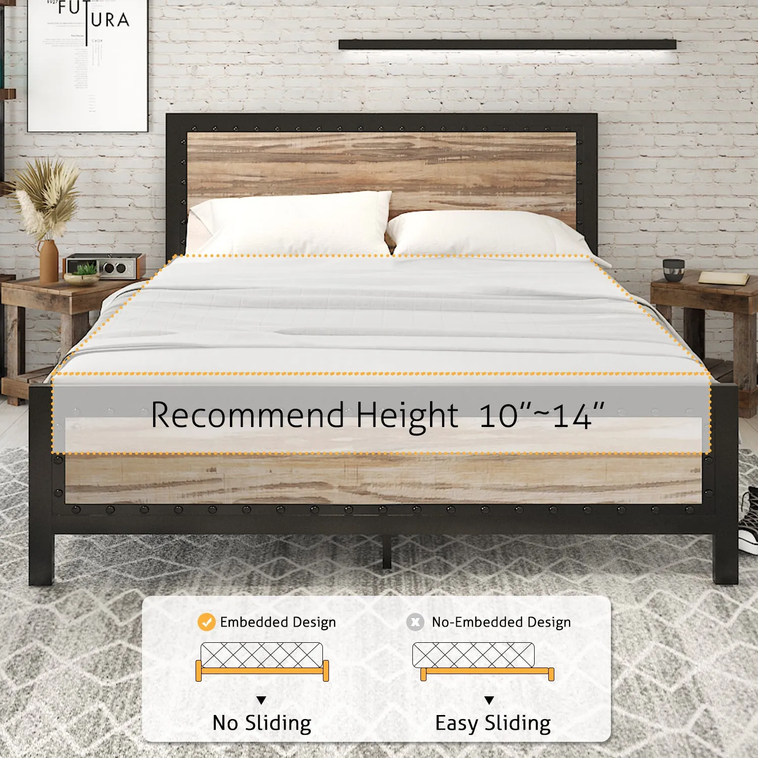 Metal Bed Frame with Rivet Wooden Headboard & Footboard