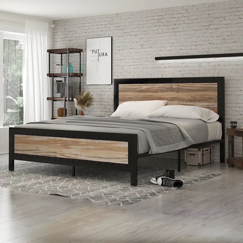 Metal Bed Frame with Rivet Wooden Headboard & Footboard