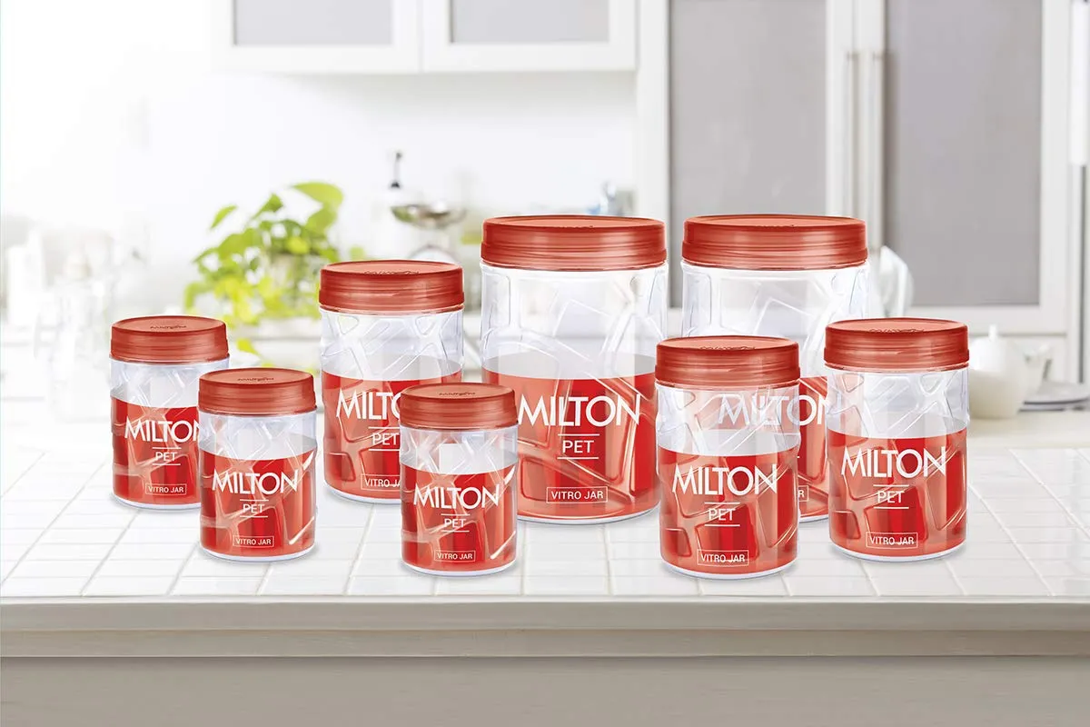 MILTON Tasty 3 Lunch Box, Blue & MILTON Vitro Plastic Pet Storage Jar and Container, Set of 18 (6 pcsx230 ml Each, 6 pcsx600 ml Each, 6 pcsx1.18 ltrs Each), Red Wine