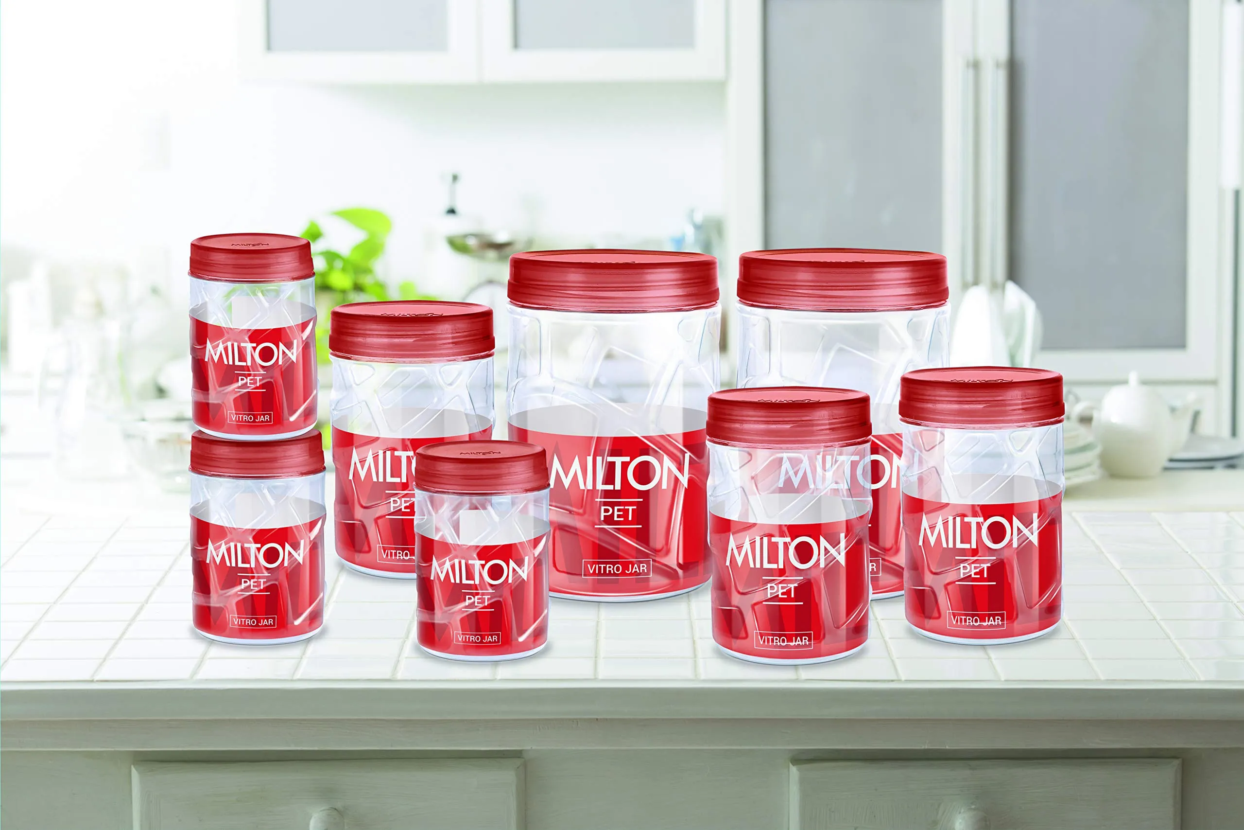 MILTON Tasty 3 Lunch Box, Blue & MILTON Vitro Plastic Pet Storage Jar and Container, Set of 18 (6 pcsx230 ml Each, 6 pcsx600 ml Each, 6 pcsx1.18 ltrs Each), Red Wine