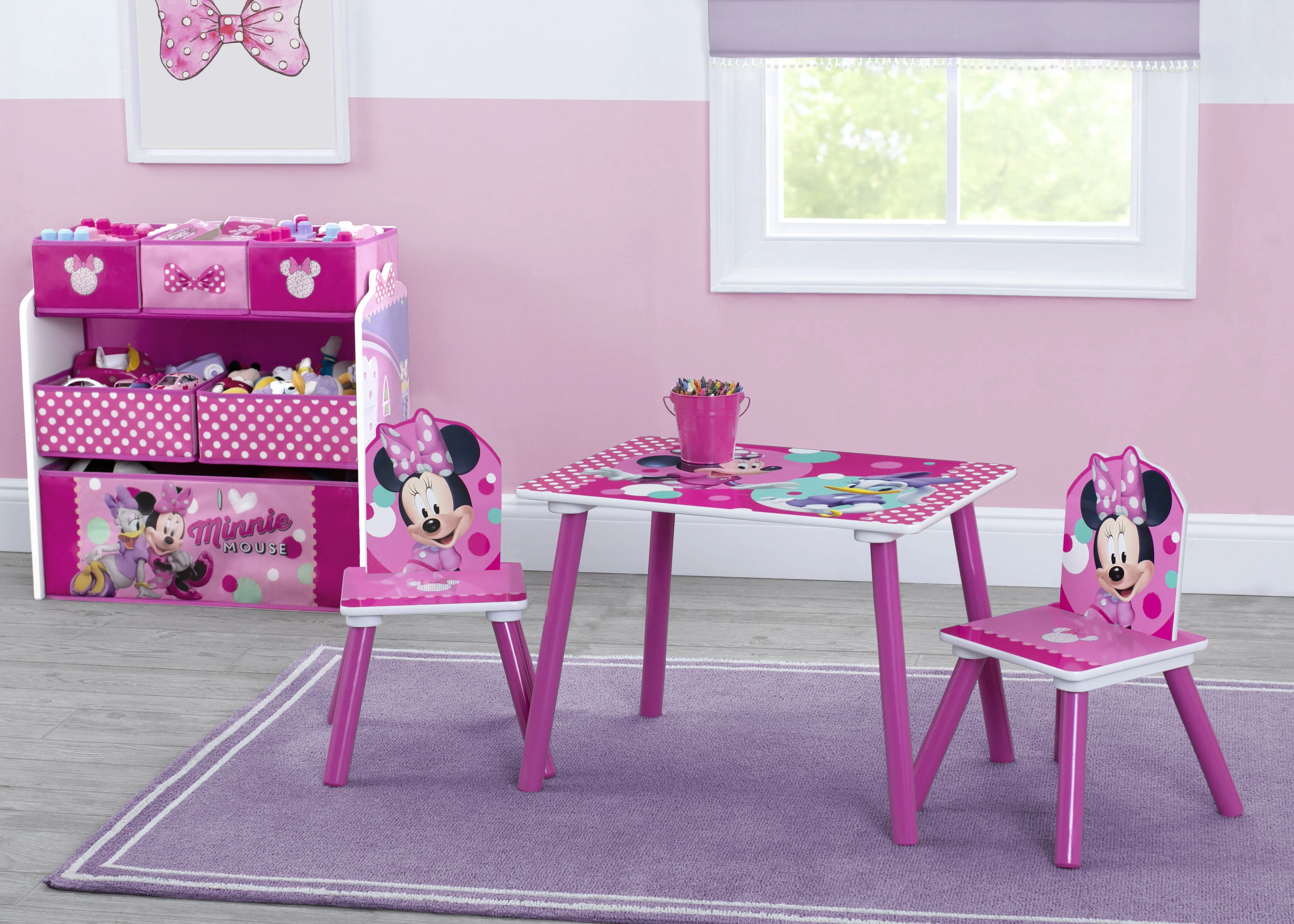 Minnie Mouse 4-Piece Playroom Solution – Set Includes Table and 2 Chairs and 6-Bin Toy Organizer