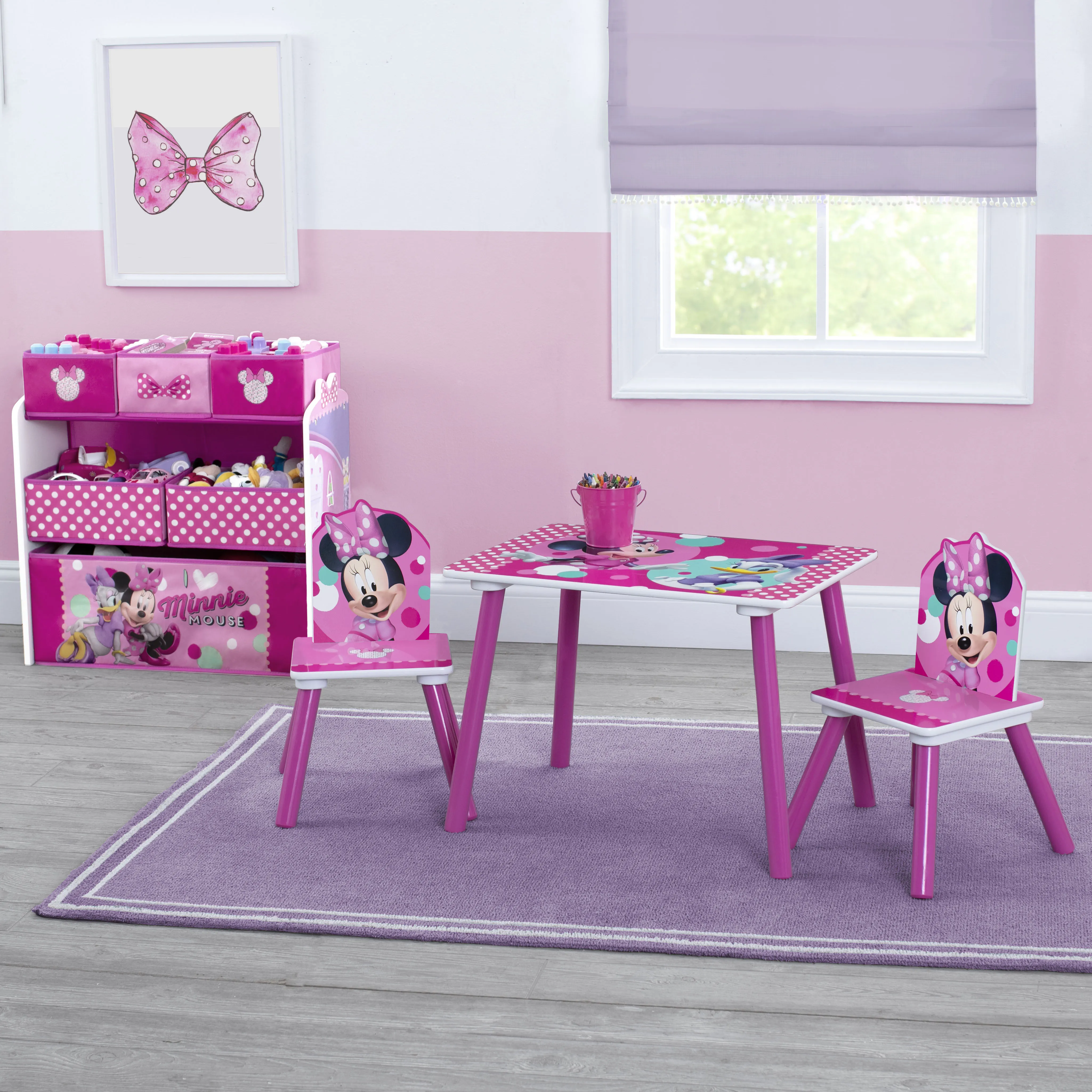 Minnie Mouse 4-Piece Playroom Solution – Set Includes Table and 2 Chairs and 6-Bin Toy Organizer