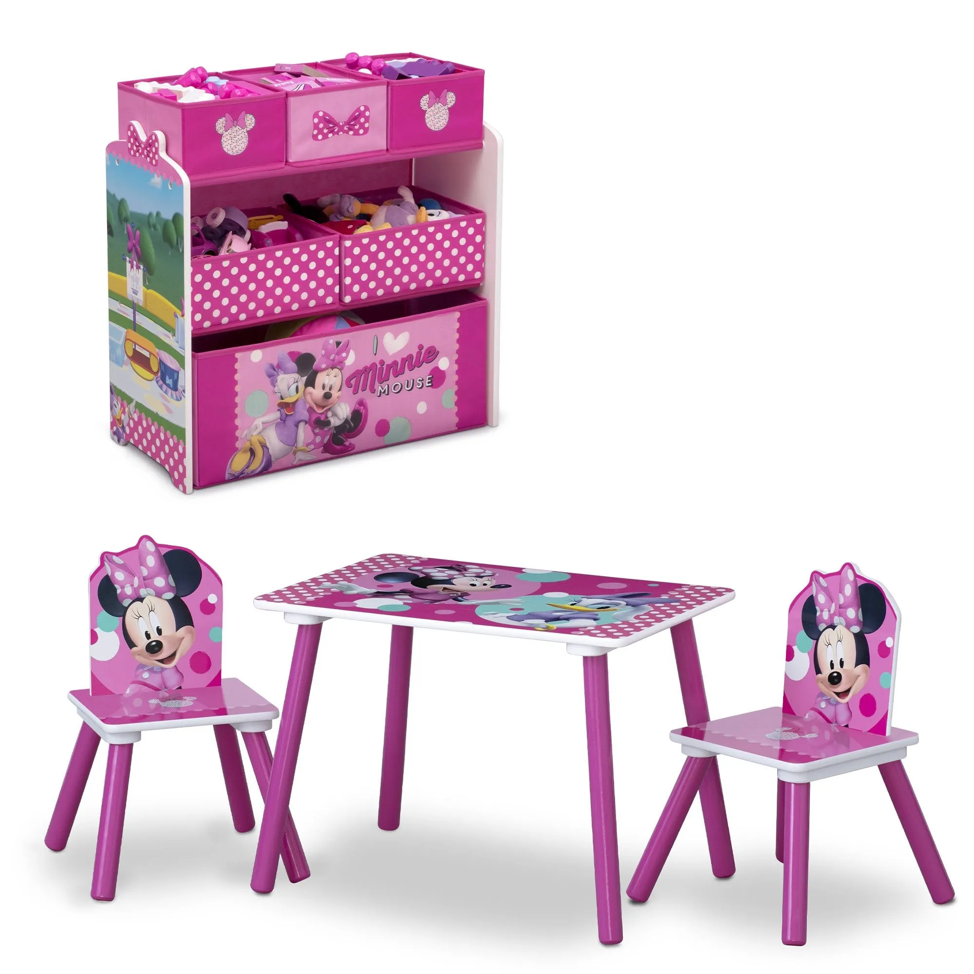 Minnie Mouse 4-Piece Playroom Solution – Set Includes Table and 2 Chairs and 6-Bin Toy Organizer