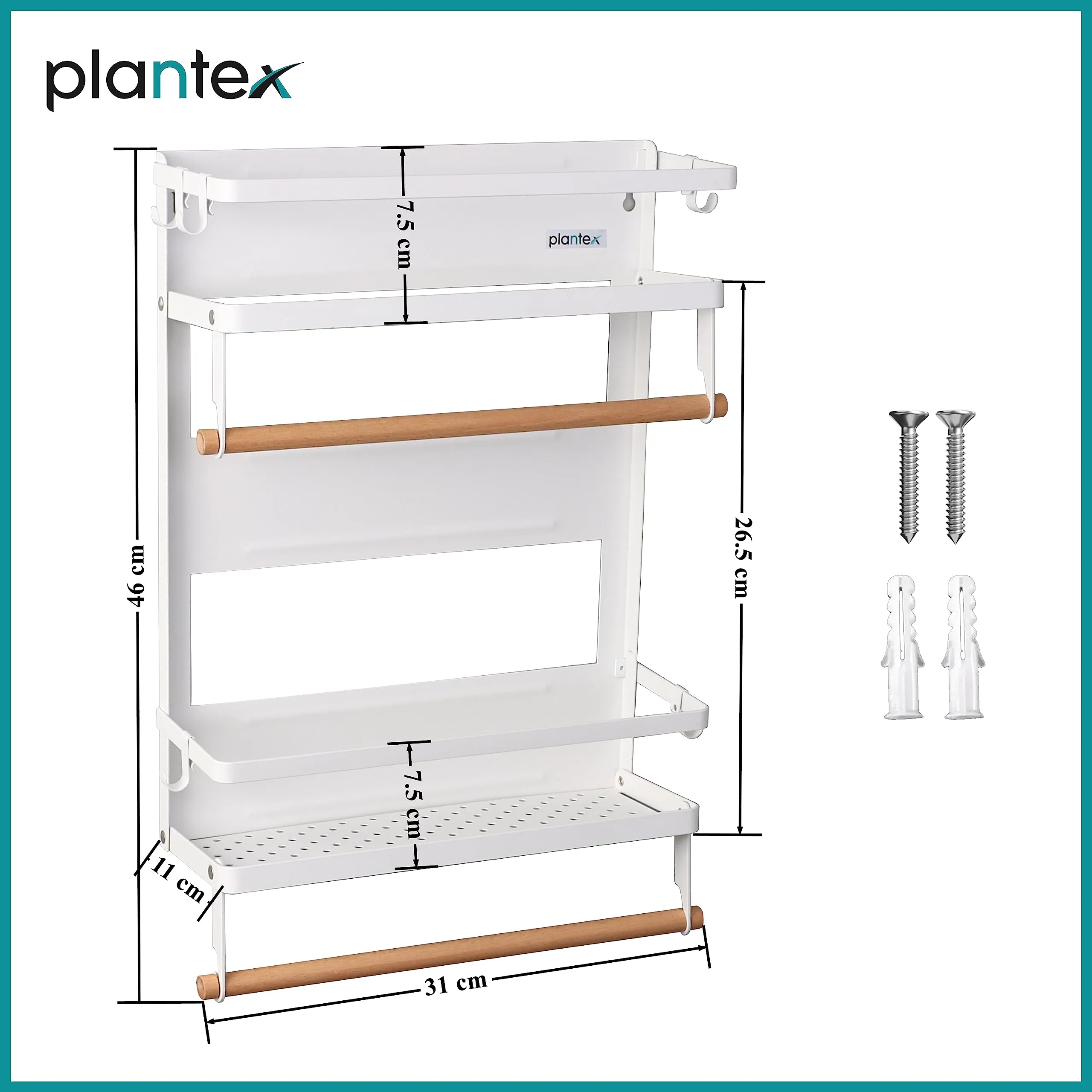 Plantex GI Steel Magnetic Multi-Purpose Shelf for Home/Fridge Side Storage Rack and Fridge Door Organizer/Spice Rack/Towel Holder for Bathroom/Bathroom Accessories (Big-White)