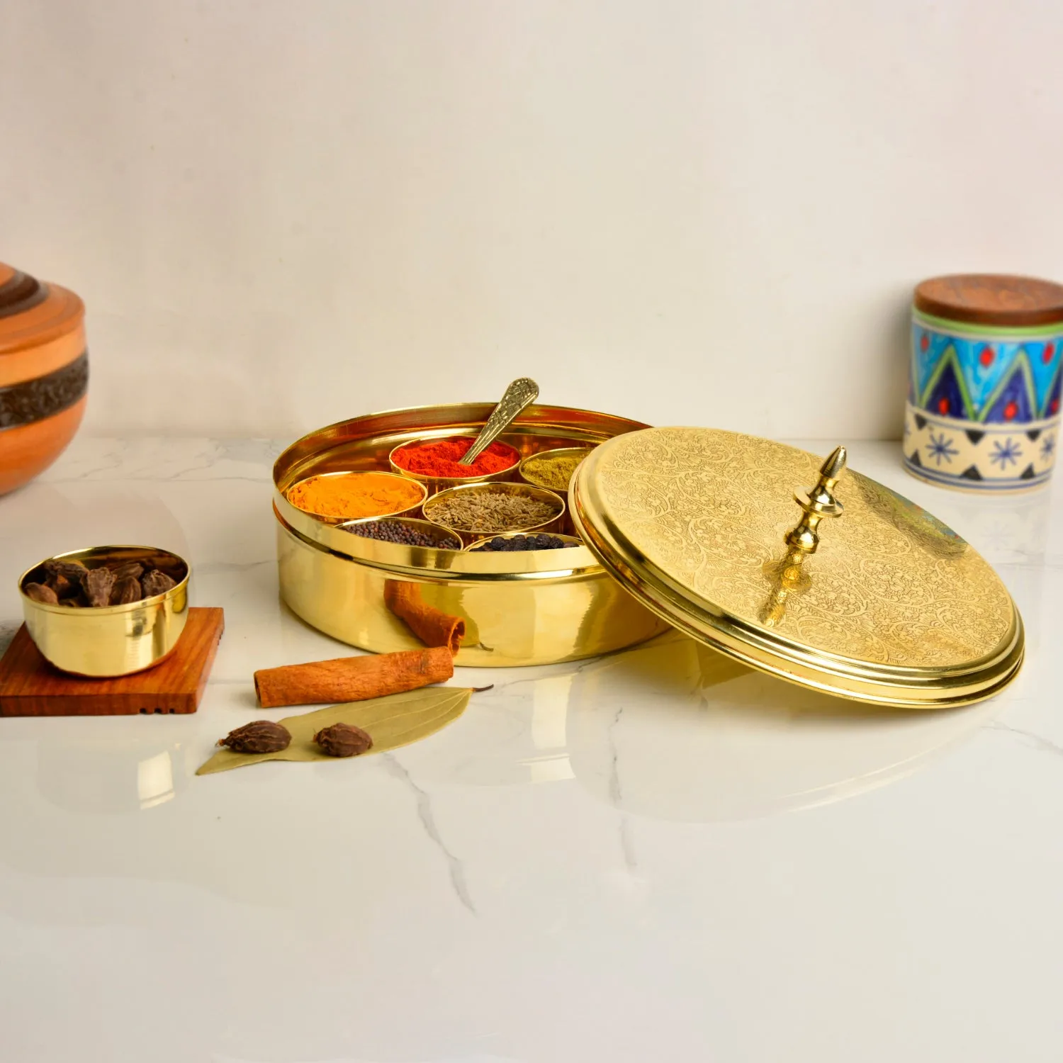 Premium Pure Brass Floral Etched Indian Spice Box for Kitchen with Spoon ( 7 Containers, Diameter - 8 inches , Weight - 960 gm)