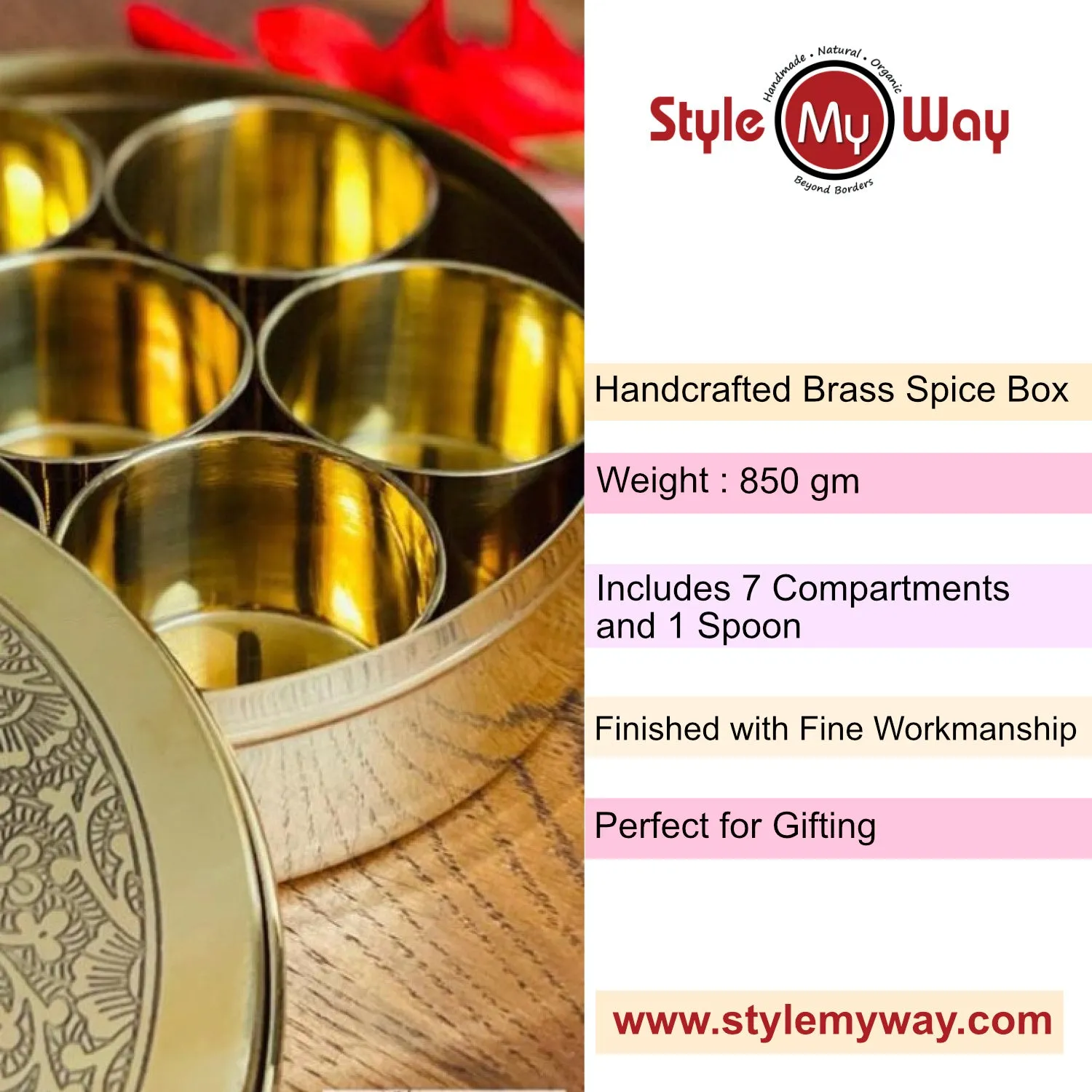 Premium Pure Brass Floral Etched Indian Spice Box for Kitchen with Spoon ( 7 Containers, Diameter - 8 inches , Weight - 960 gm)