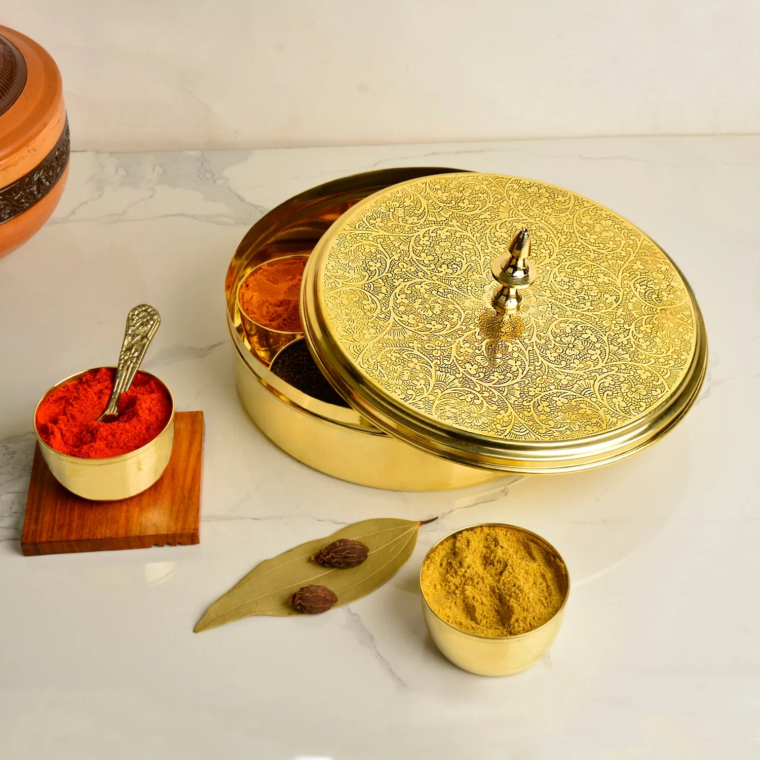 Premium Pure Brass Floral Etched Indian Spice Box for Kitchen with Spoon ( 7 Containers, Diameter - 8 inches , Weight - 960 gm)